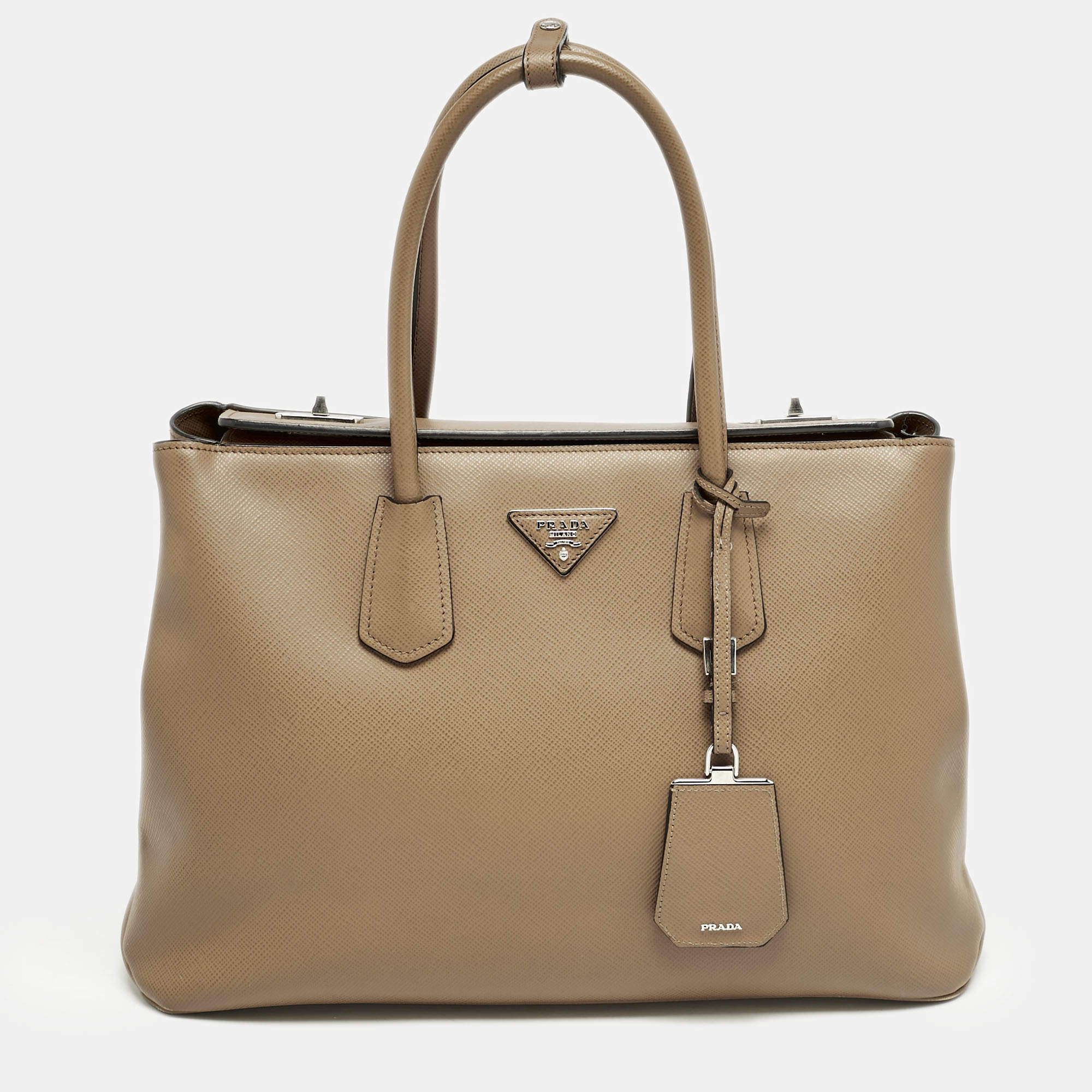 Prada Brown Saffiano Cuir Leather Turnlock Twin Tote