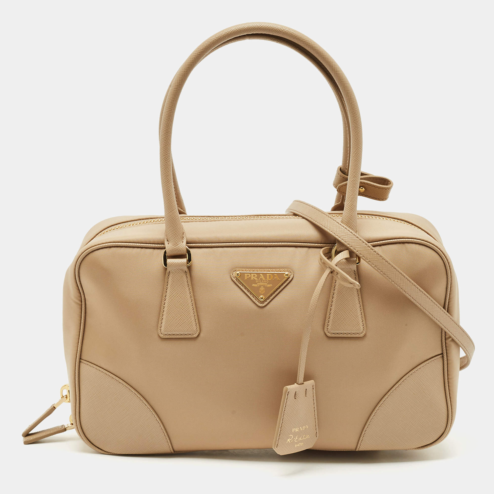 Prada Beige Saffiano Leather and Nylon Re-Edition 1978 Two Handle Bag 