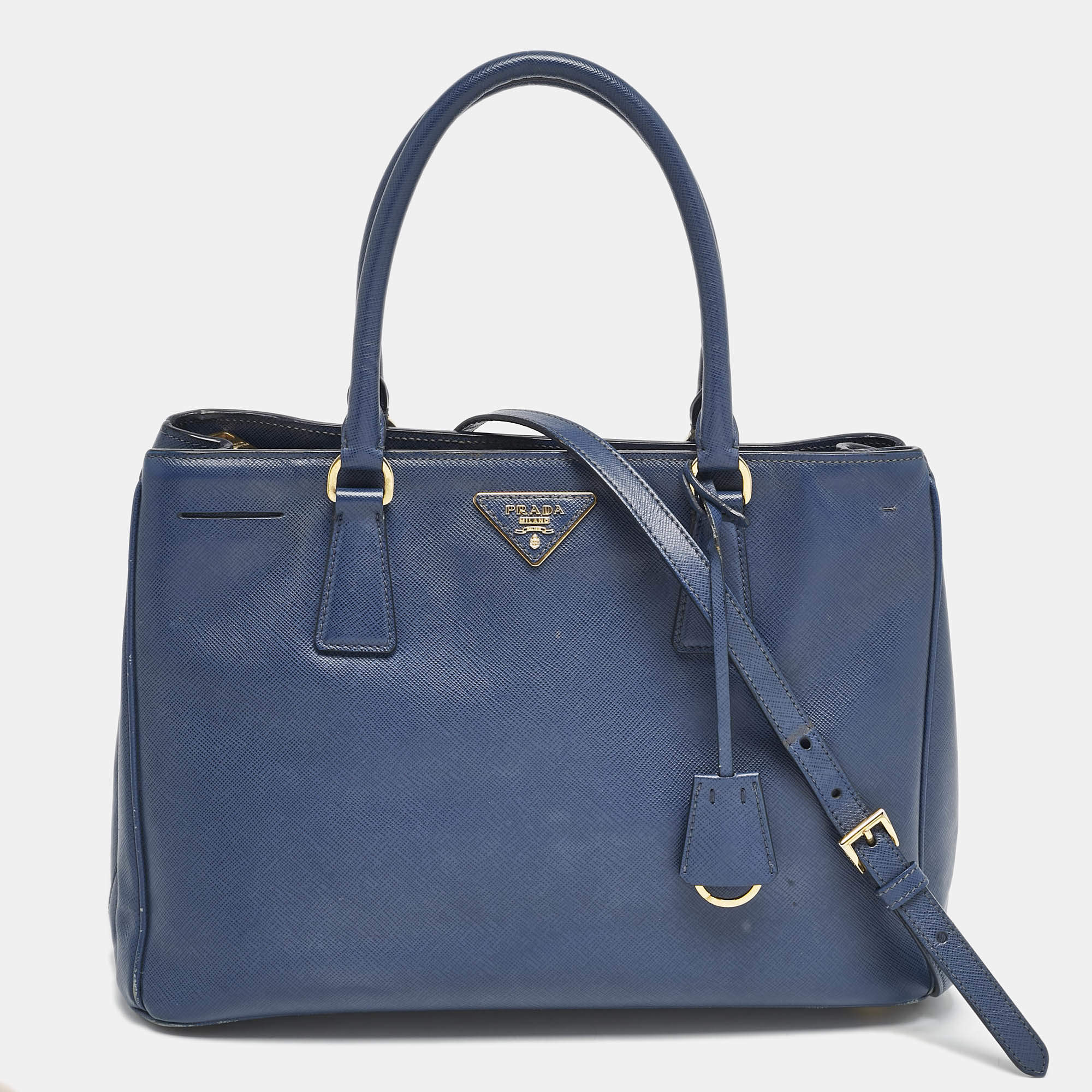 Prada Navy Blue Saffiano Lux Leather Medium Galleria Double Zip Tote