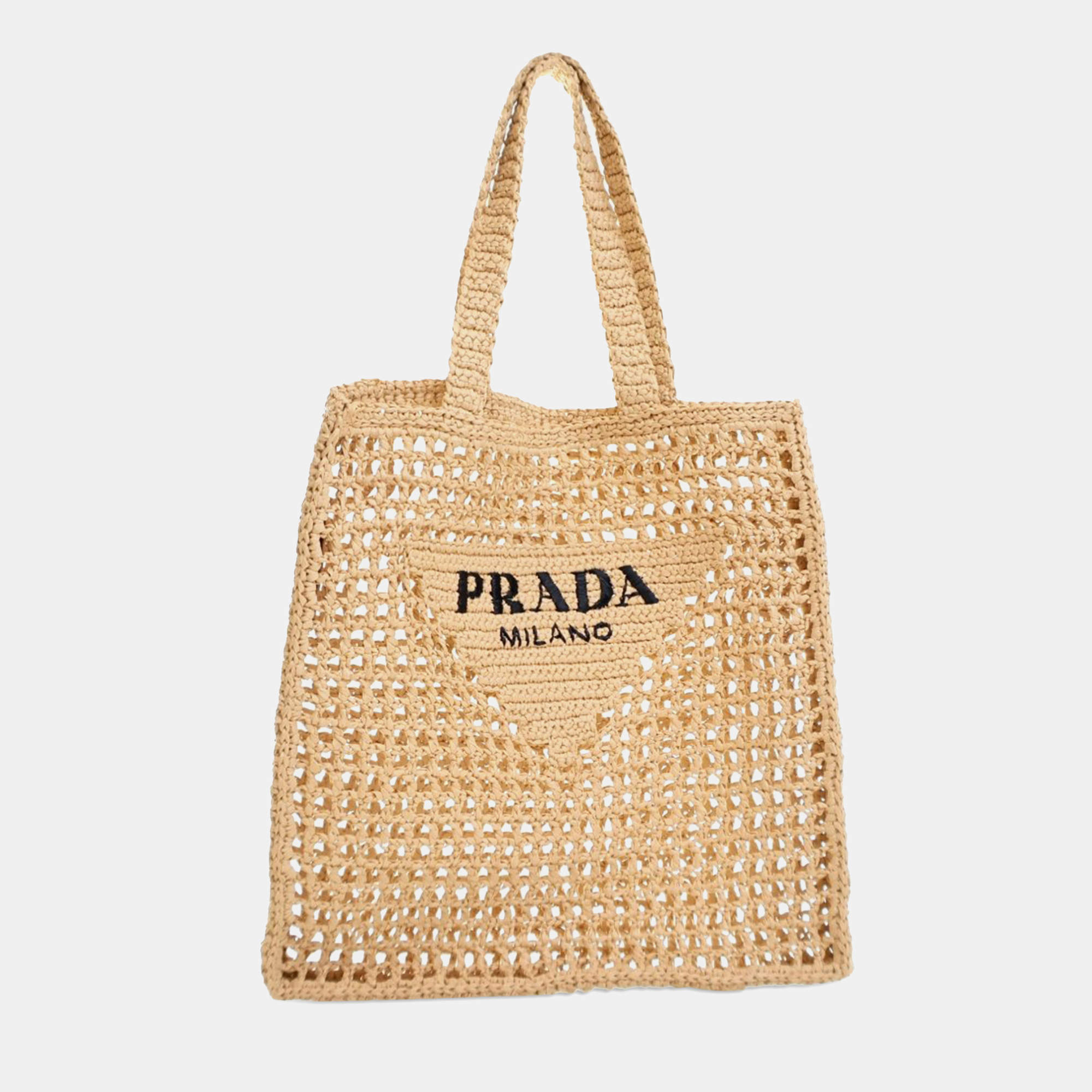 Prada Beige/Brown Raffia Crochet Logo Tote