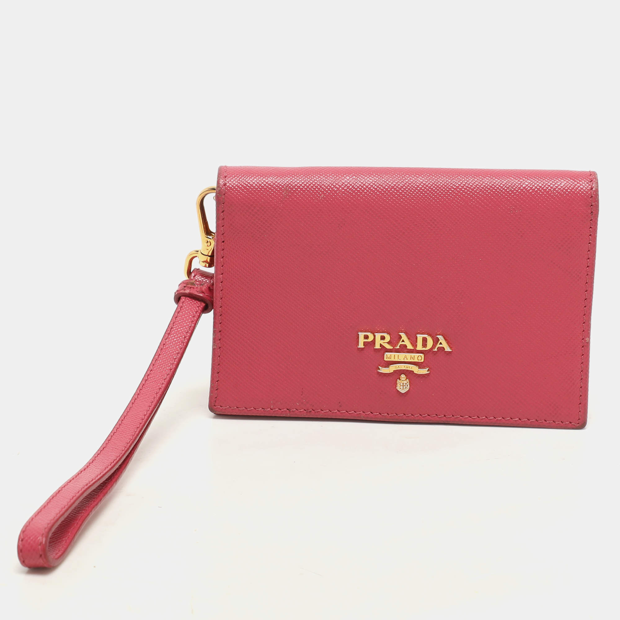 Prada Pink Saffiano Leather Wristlet Card Holder