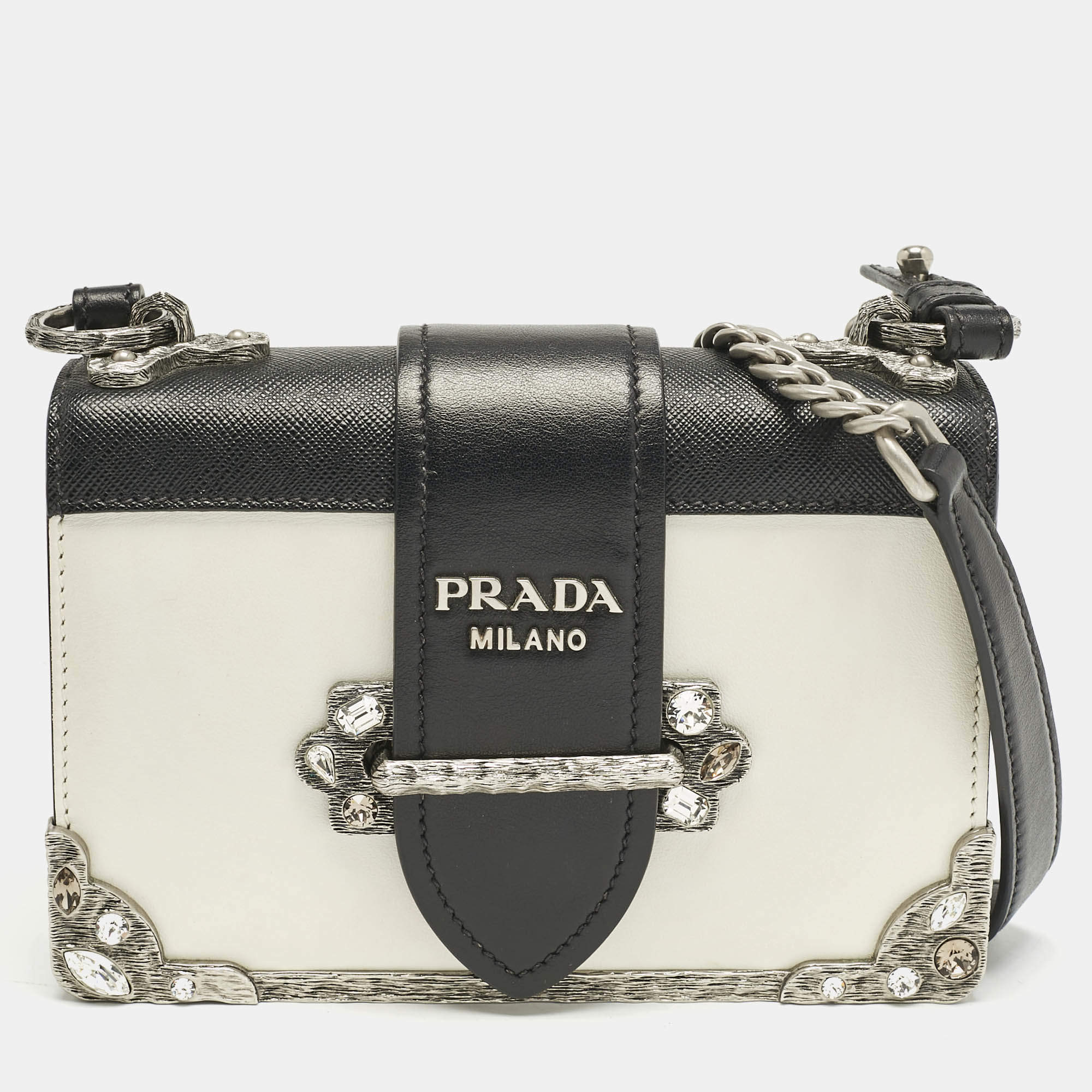 Prada White/Black Saffiano and Leather Crystal Embellished Cahier Crossbody Bag