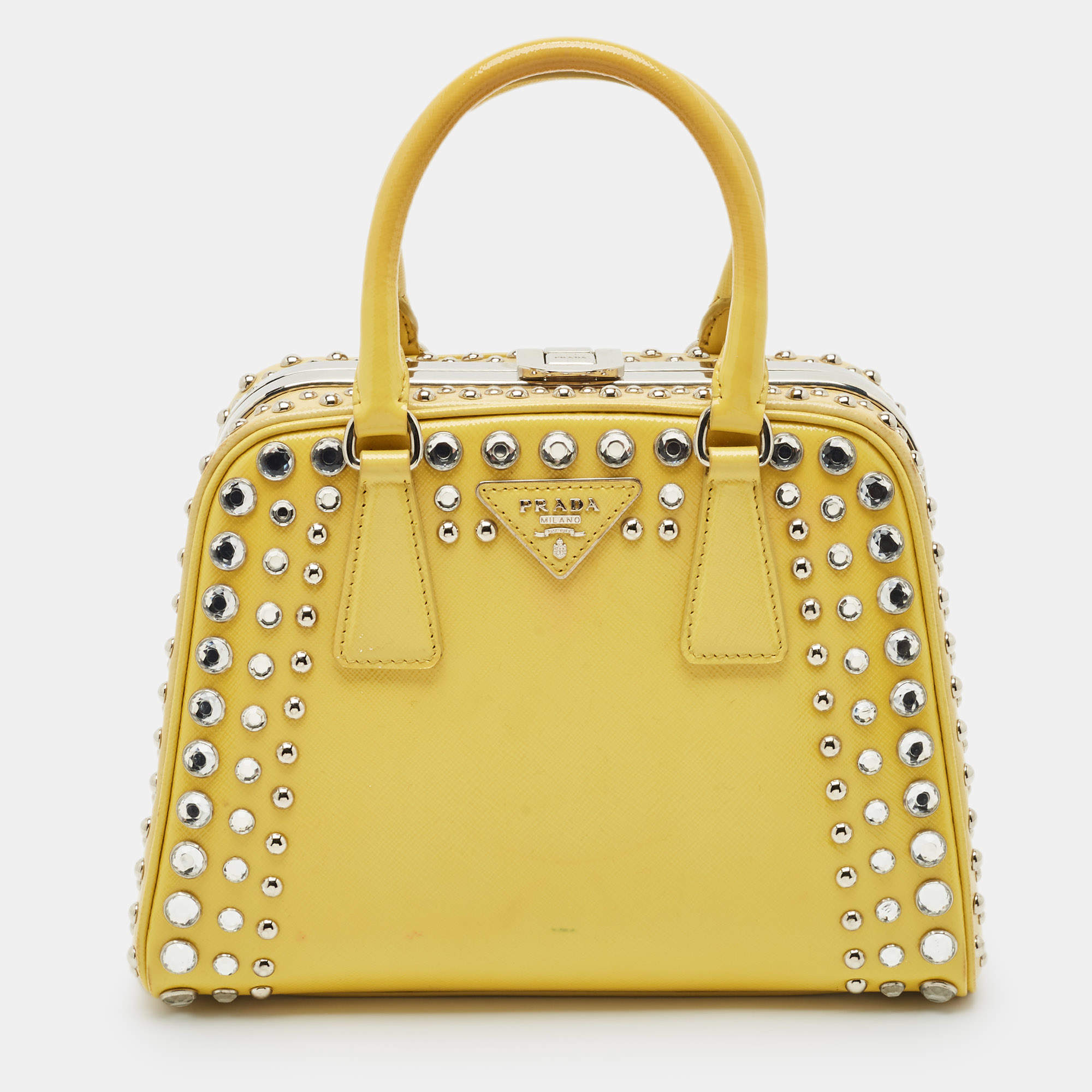 Prada Yellow/Cream Saffiano Patent Leather Small Studded Pyramid Frame Bag