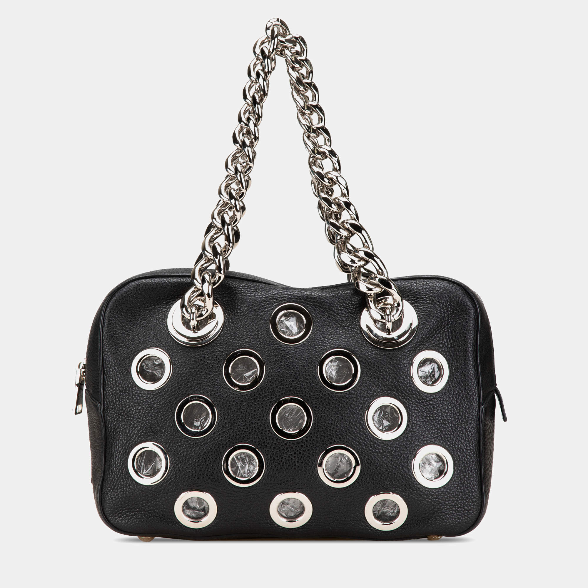 Prada Black Vitello Daino Grommet Chain Handbag
