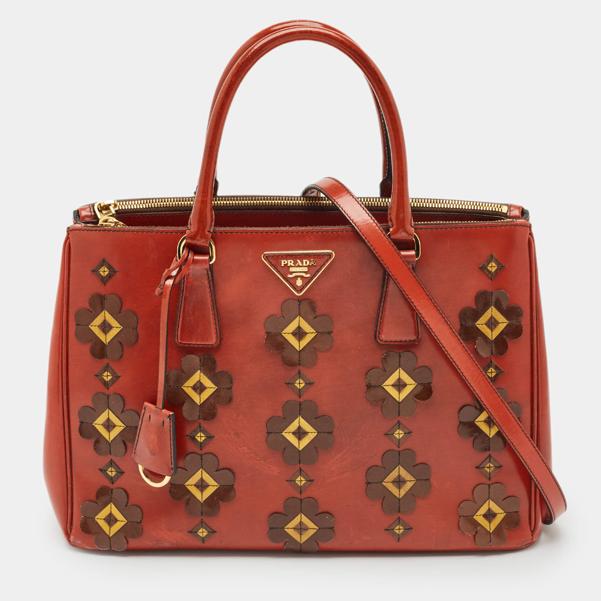 Prada Brick Red Patent Leather Medium Floral Applique Double Zip Tote