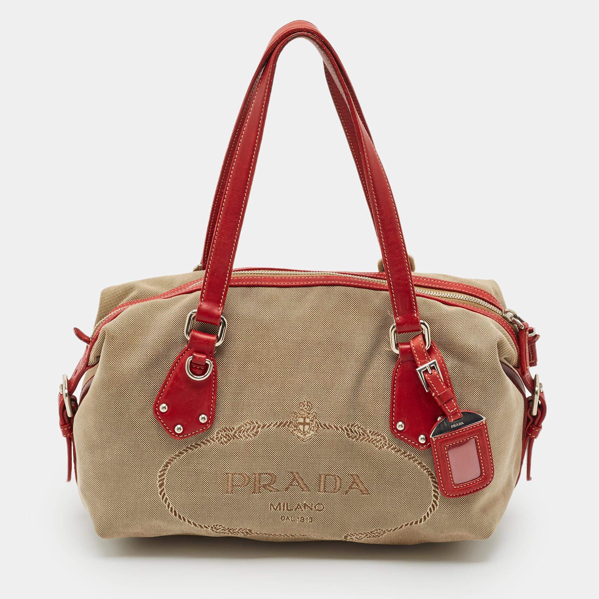 Prada Red/Beige Canvas Logo Jacquard Boston Bag