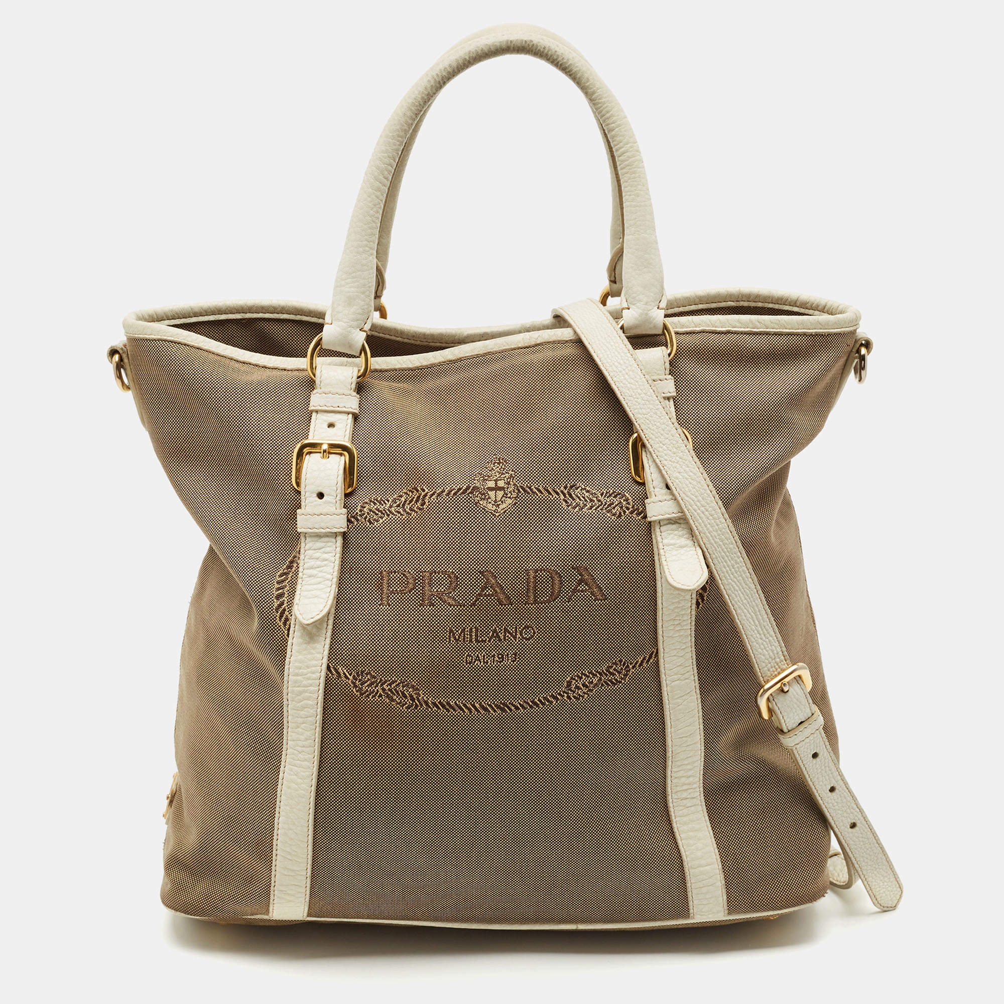 Prada White/Beige Logo Jacquard Canvas and Leather Tote