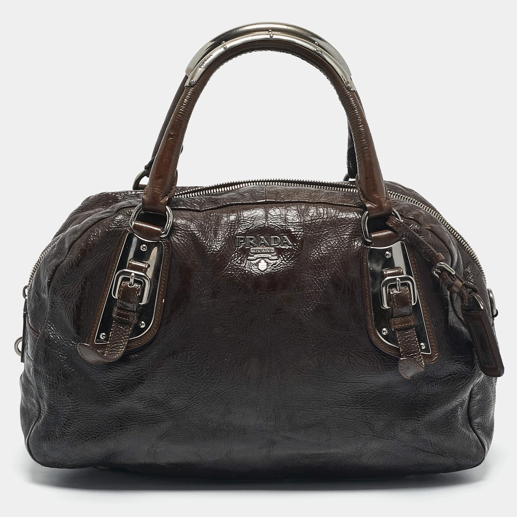 Prada Ombre Brown Crackled Patent Leather Bauletto Bag