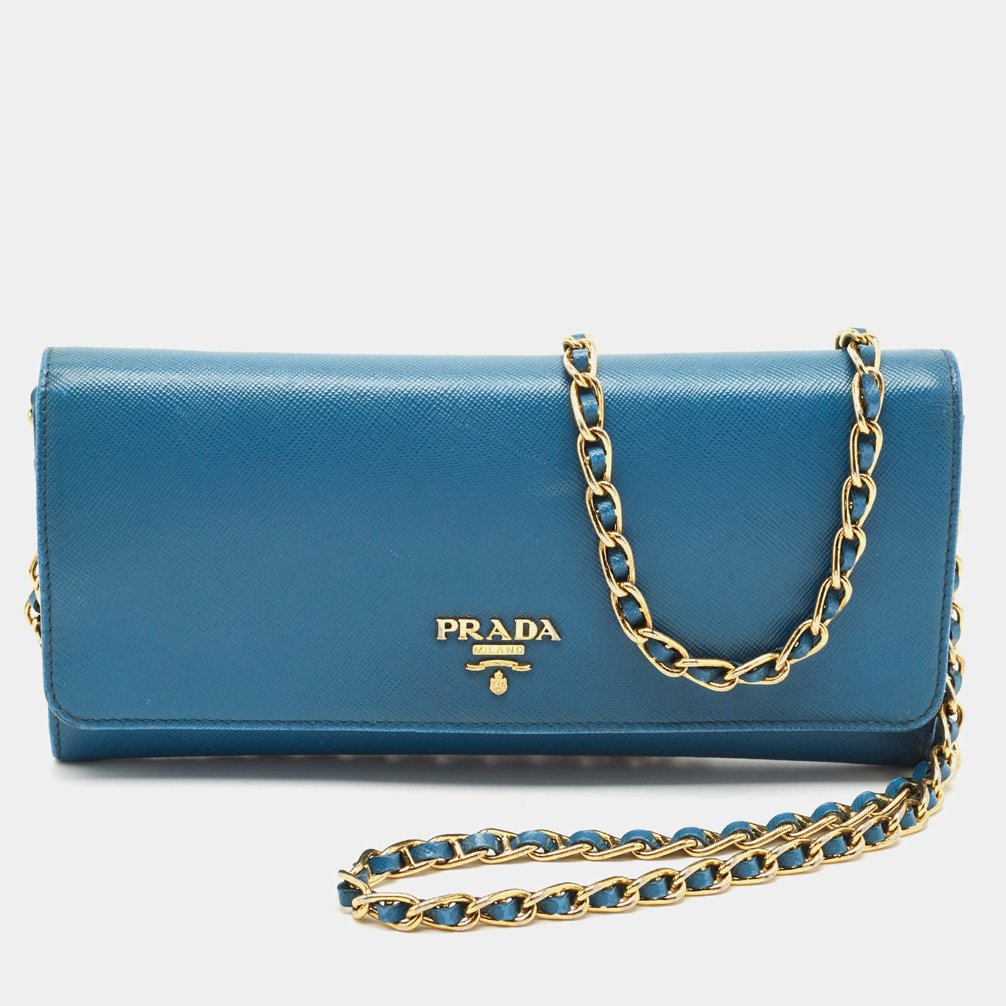 Prada Blue Saffiano Lux Leather Logo Flap Wallet On Chain