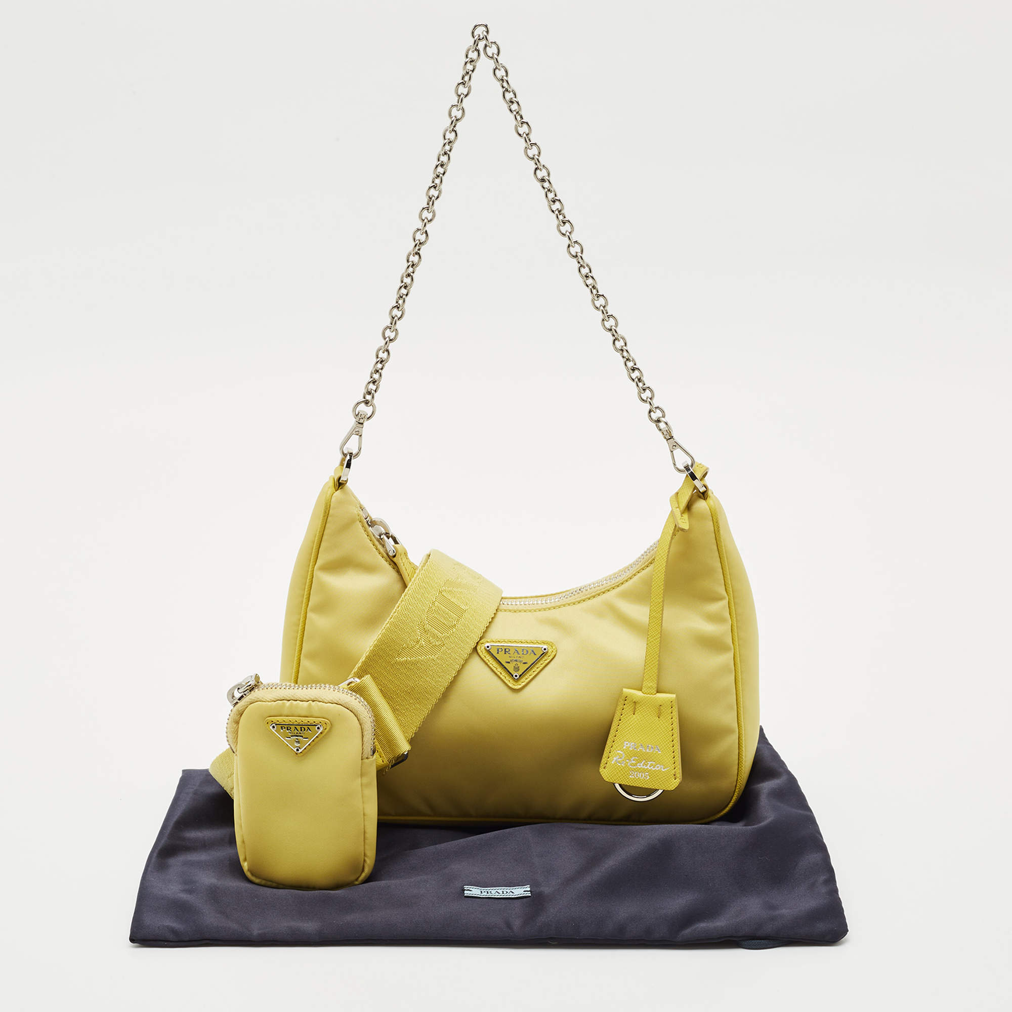 Pre Owned Prada Yellow Nylon and Saffiano Leather Re-Edition 2005 Shoulder Bag