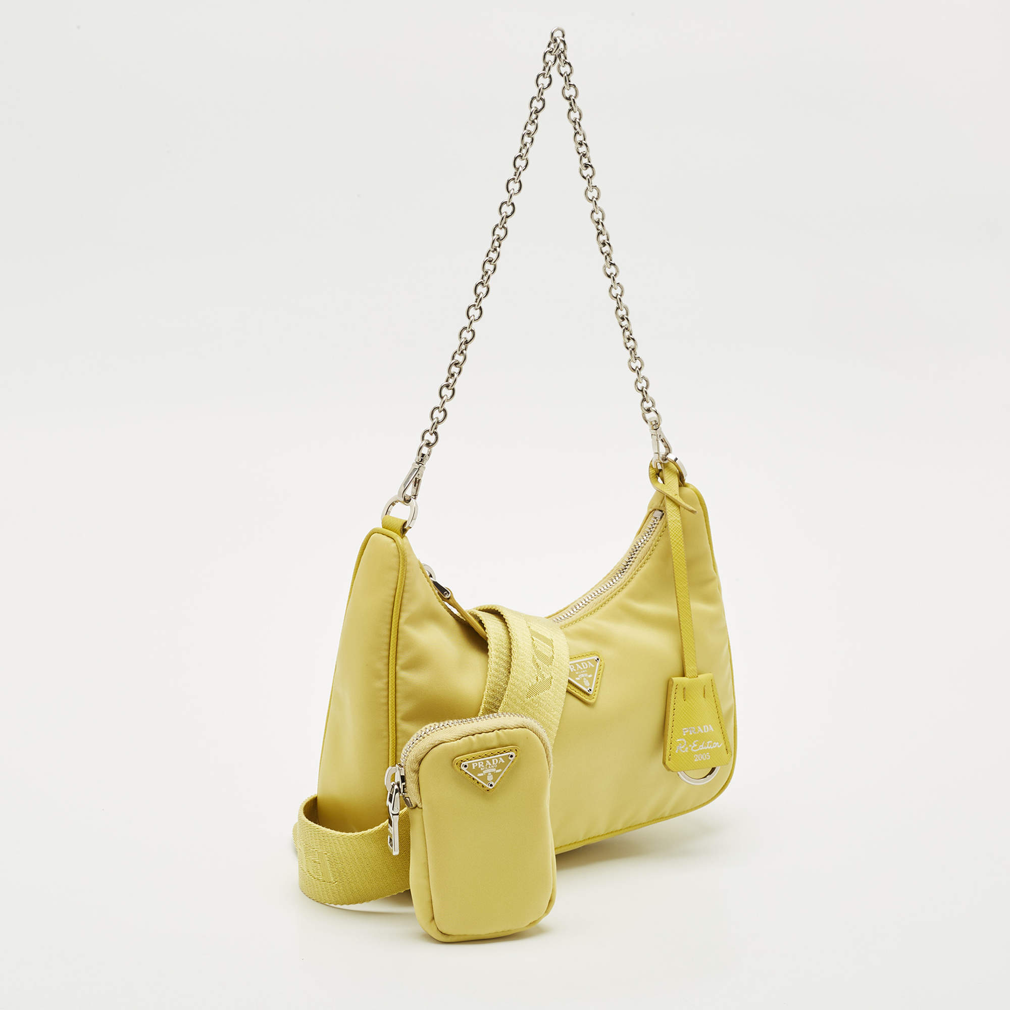 Pre Owned Prada Yellow Nylon and Saffiano Leather Re-Edition 2005 Shoulder Bag