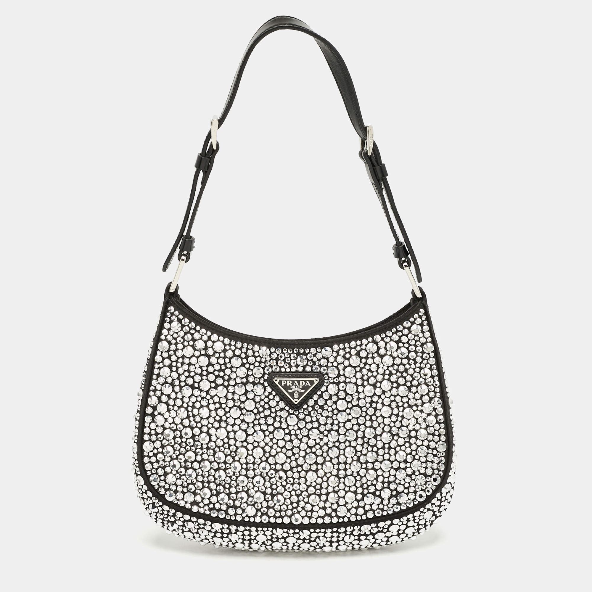 Prada Black Leather Cleo Crystal Embellished Shoulder Bag