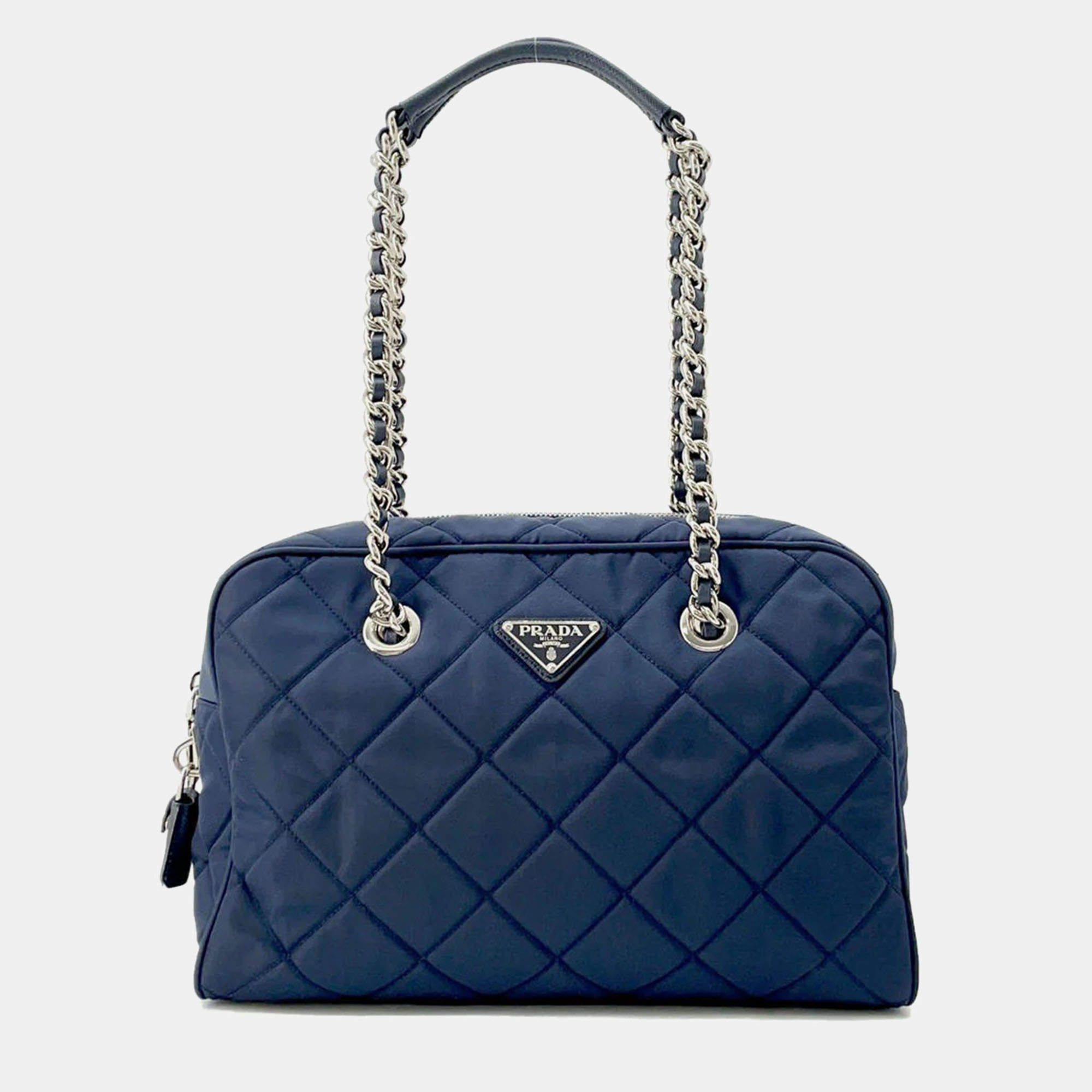 Prada Navy Nylon Mini Quilted Boston Bag