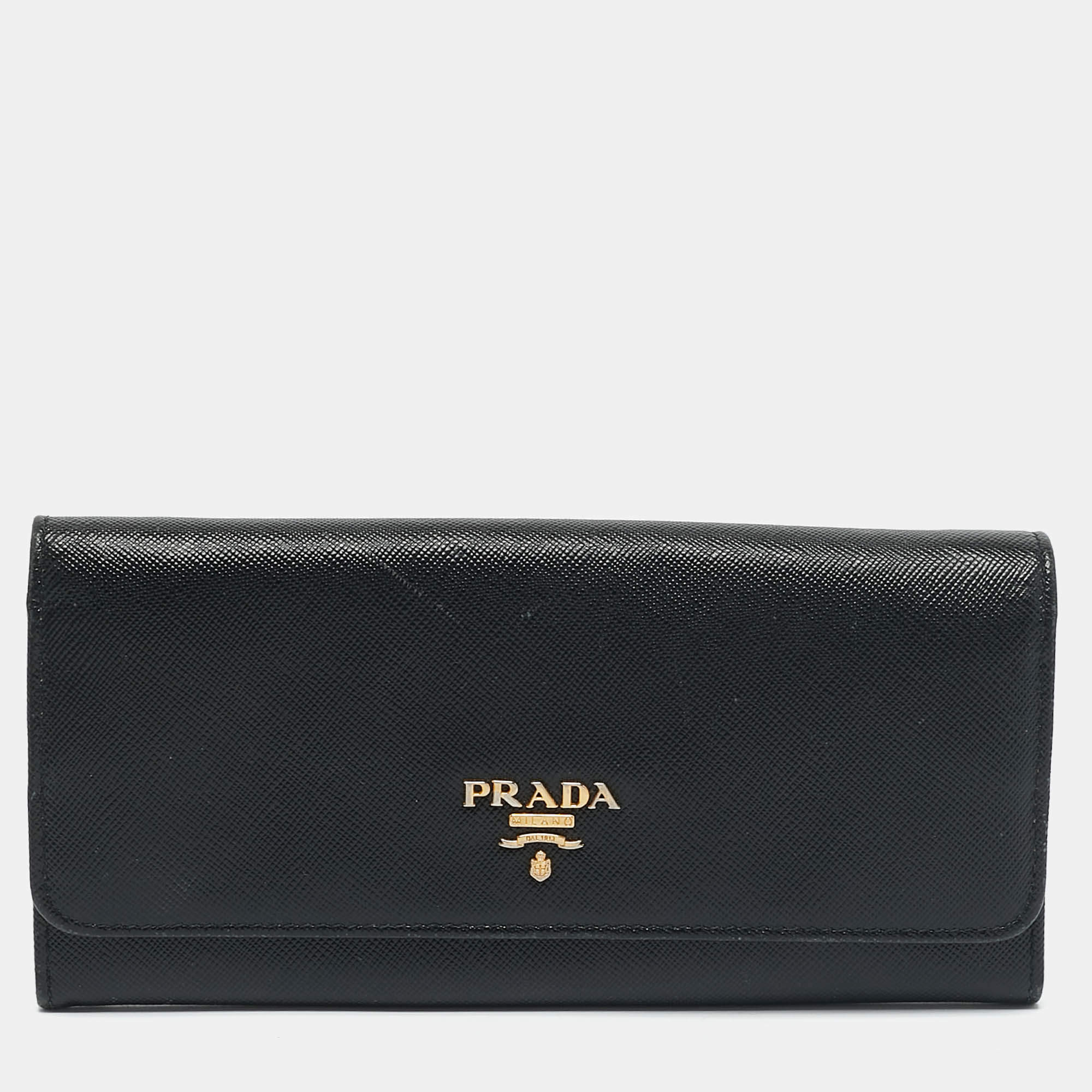 Pre Owned Prada Black Saffiano Leather Flap Continental Wallet