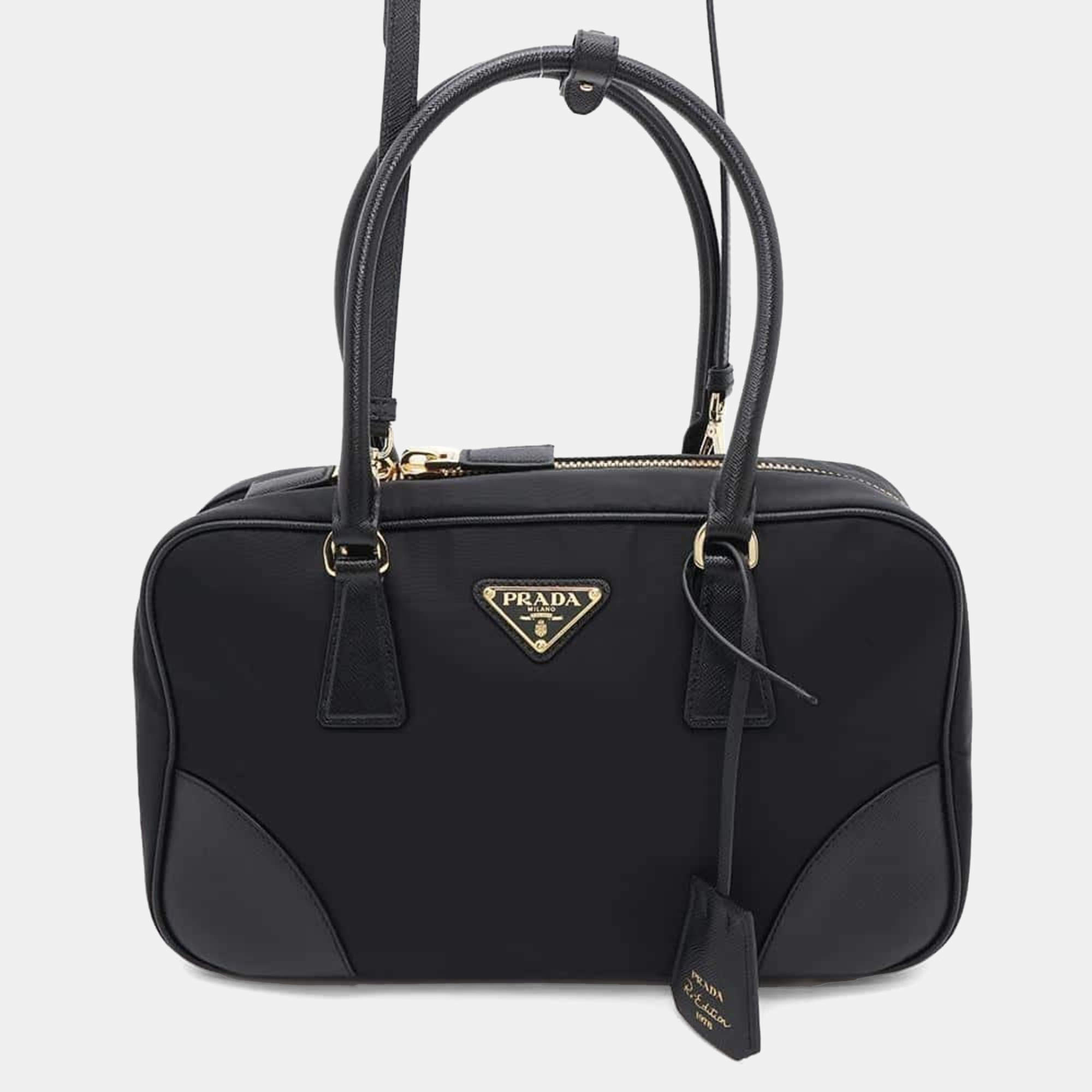 Prada Black Nylon Saffiano Leather Medium Re-Edition 1978 Handbag