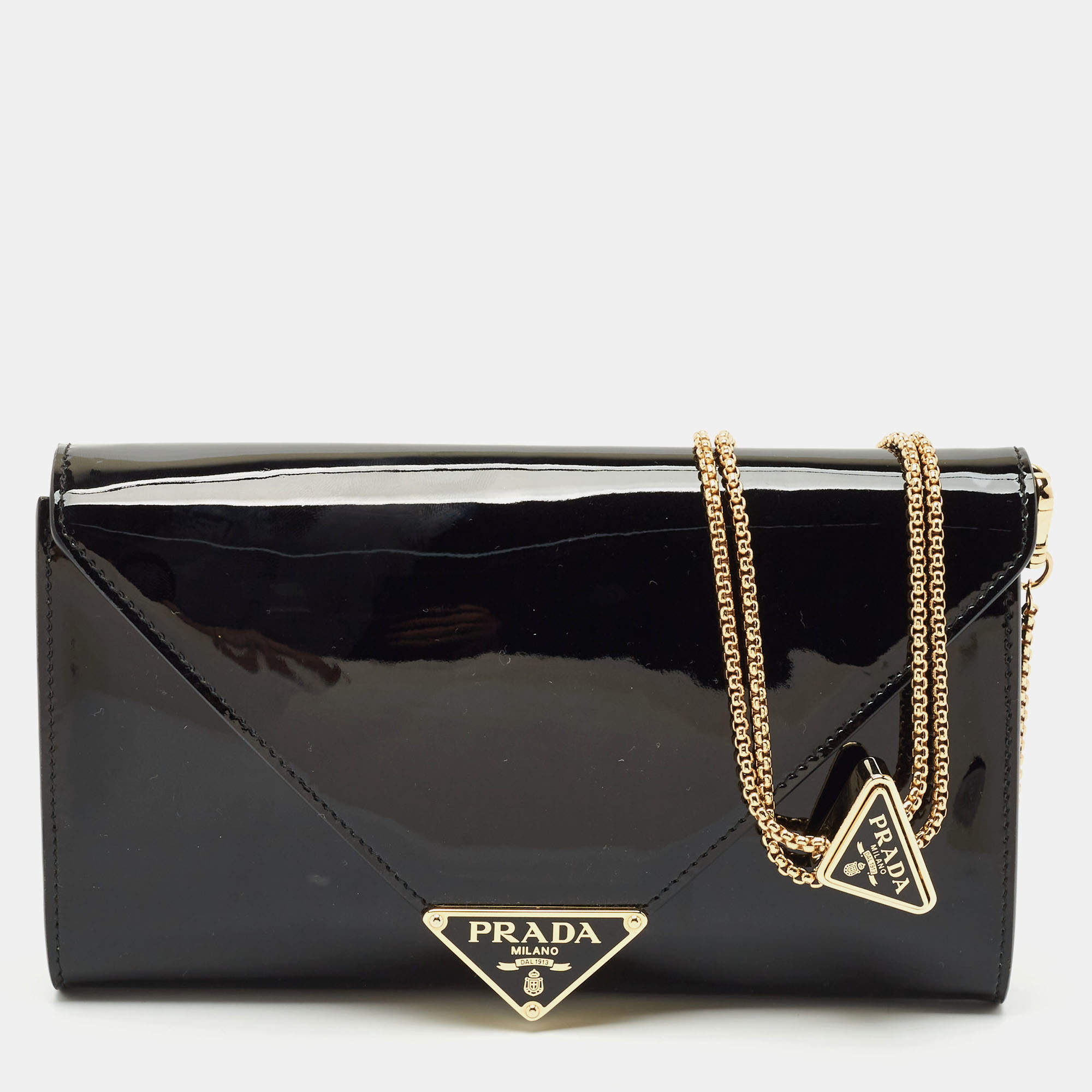 Prada Black Patent Leather Enamel Triangle Logo Wallet On Chain