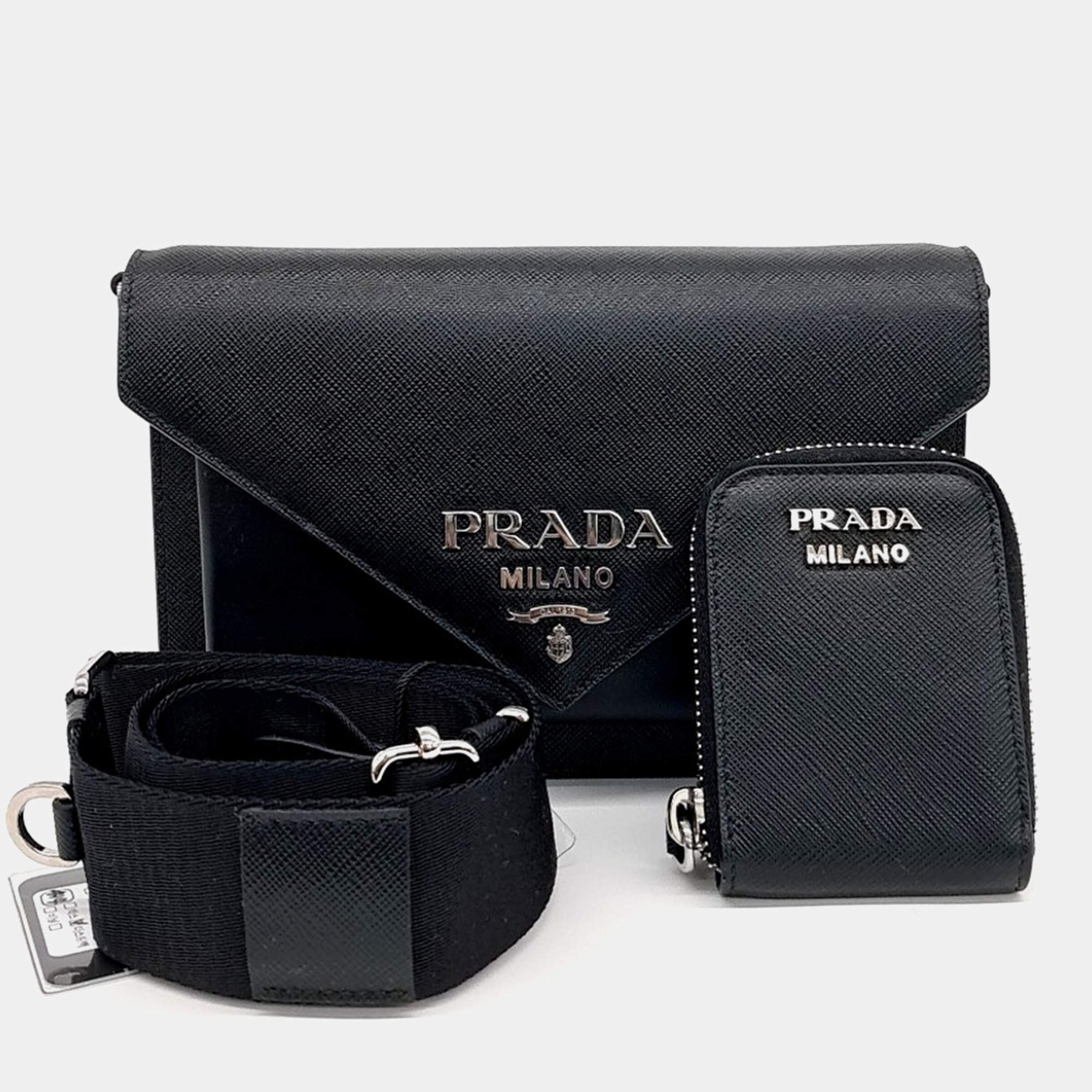 Prada Black Leather Saffiano Clutch and Crossbody Bag