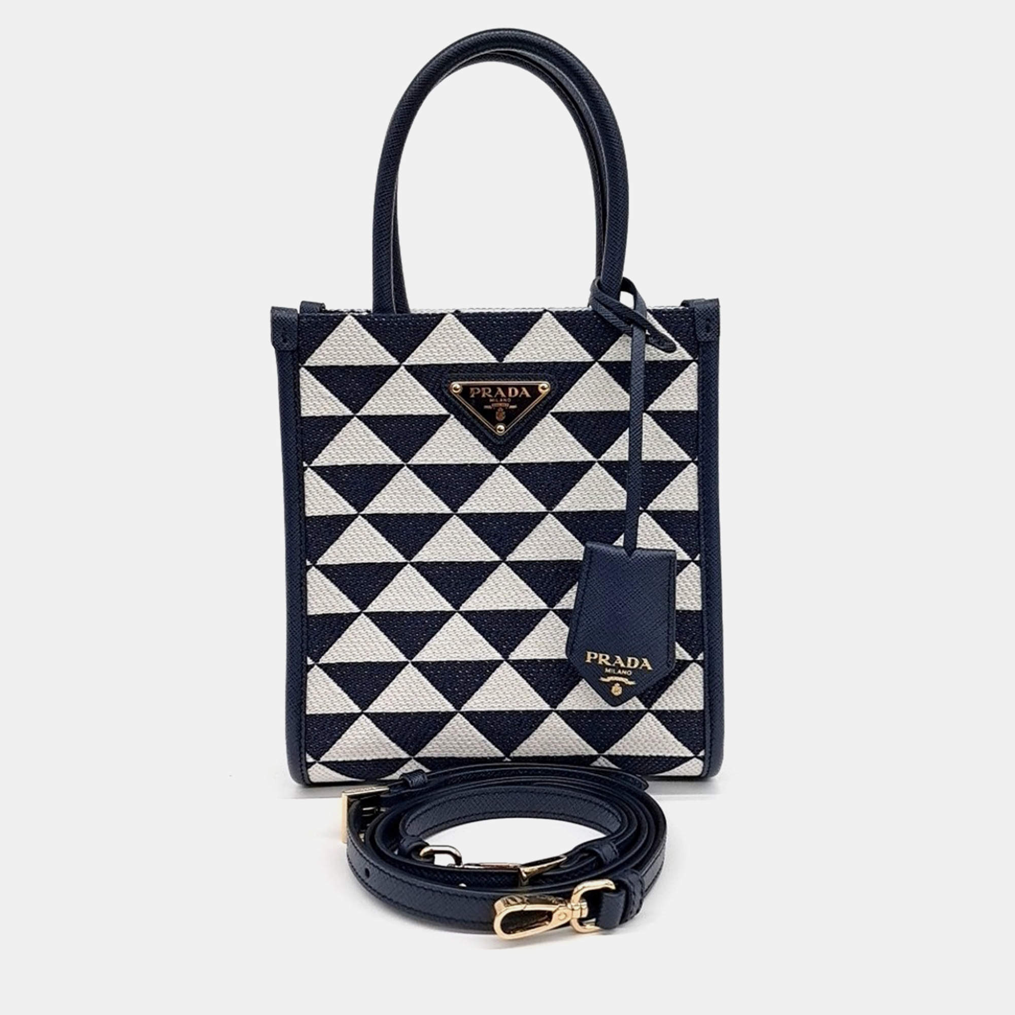 Prada Navy Blue Fabric Symbol Jacquard Mini Tote and Crossbody Bag