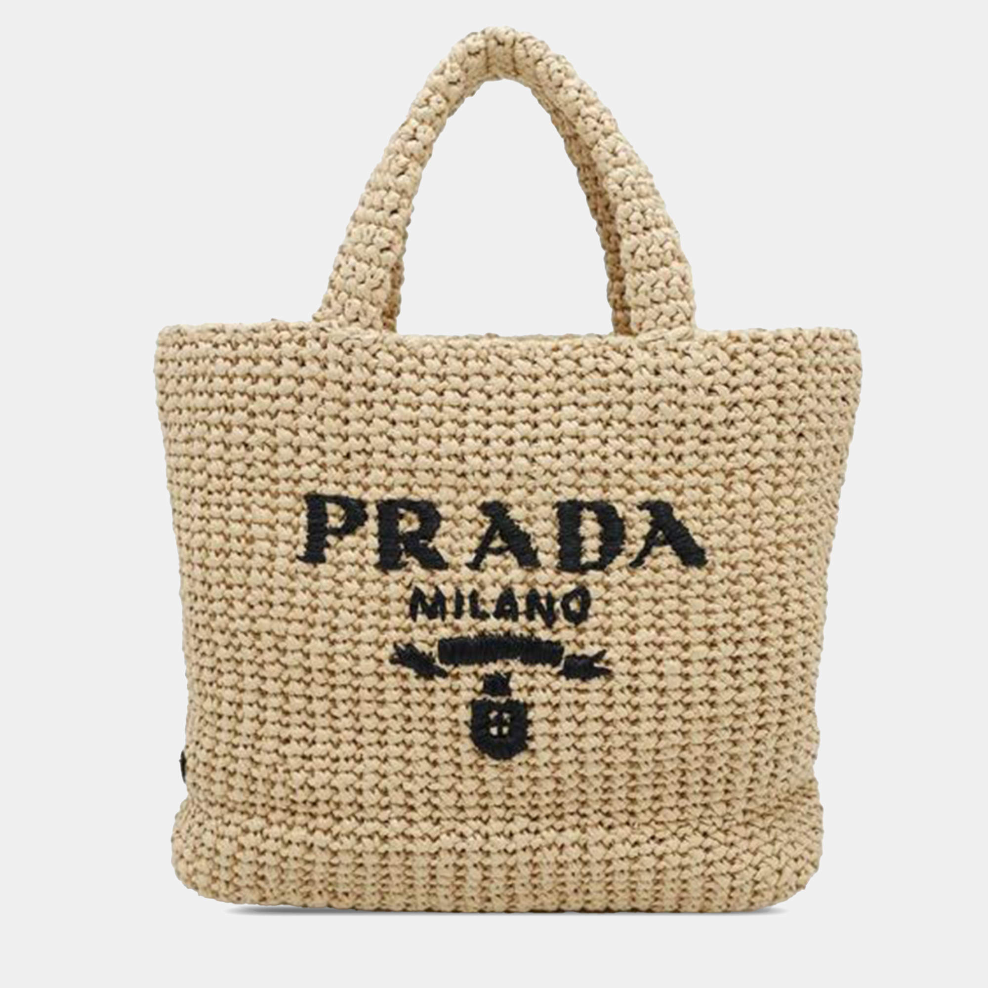 Prada Beige Small Raffia Effect Crochet Embroidered Logo Tote