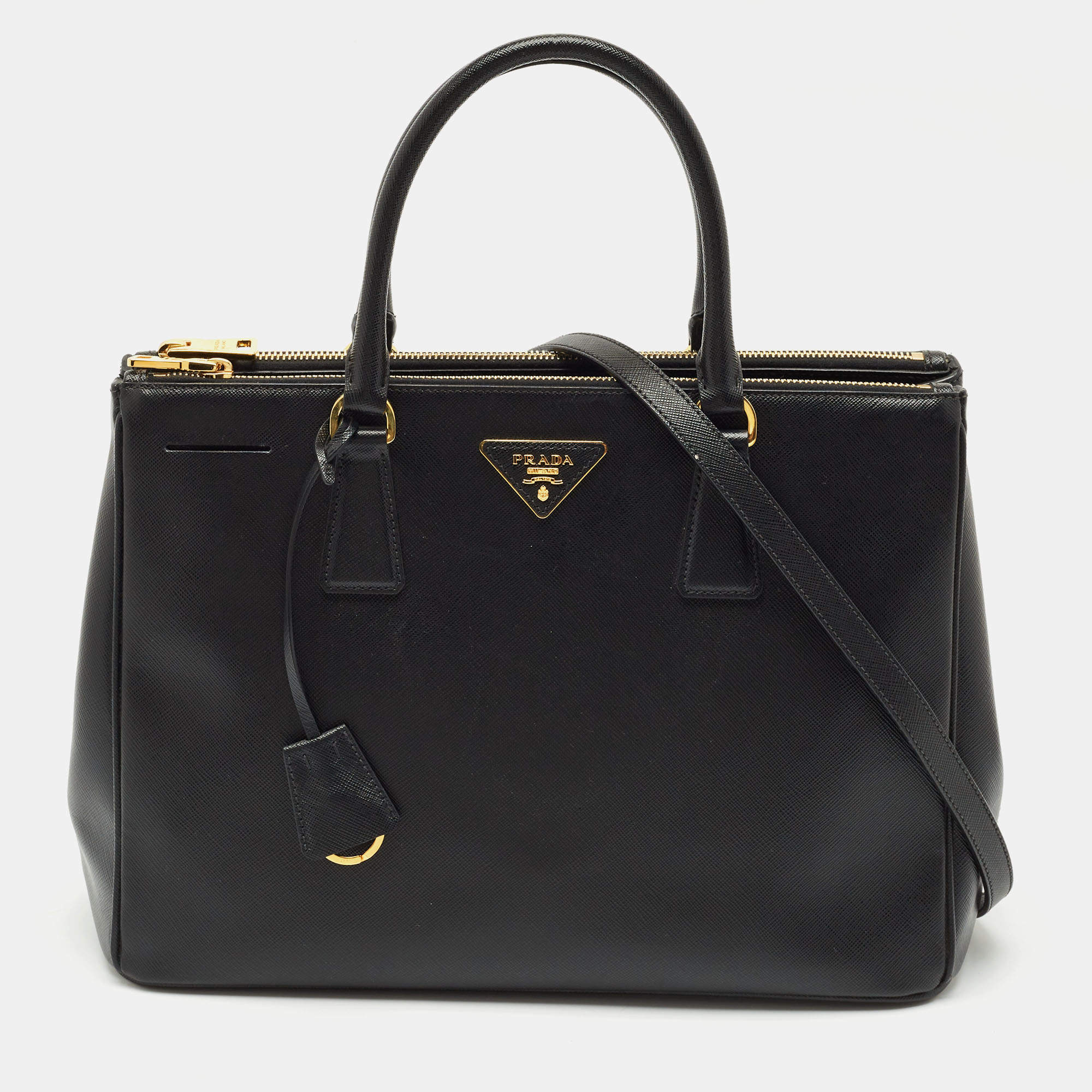 Pre Owned Prada Black Saffiano Lux Leather Medium Double Zip Tote