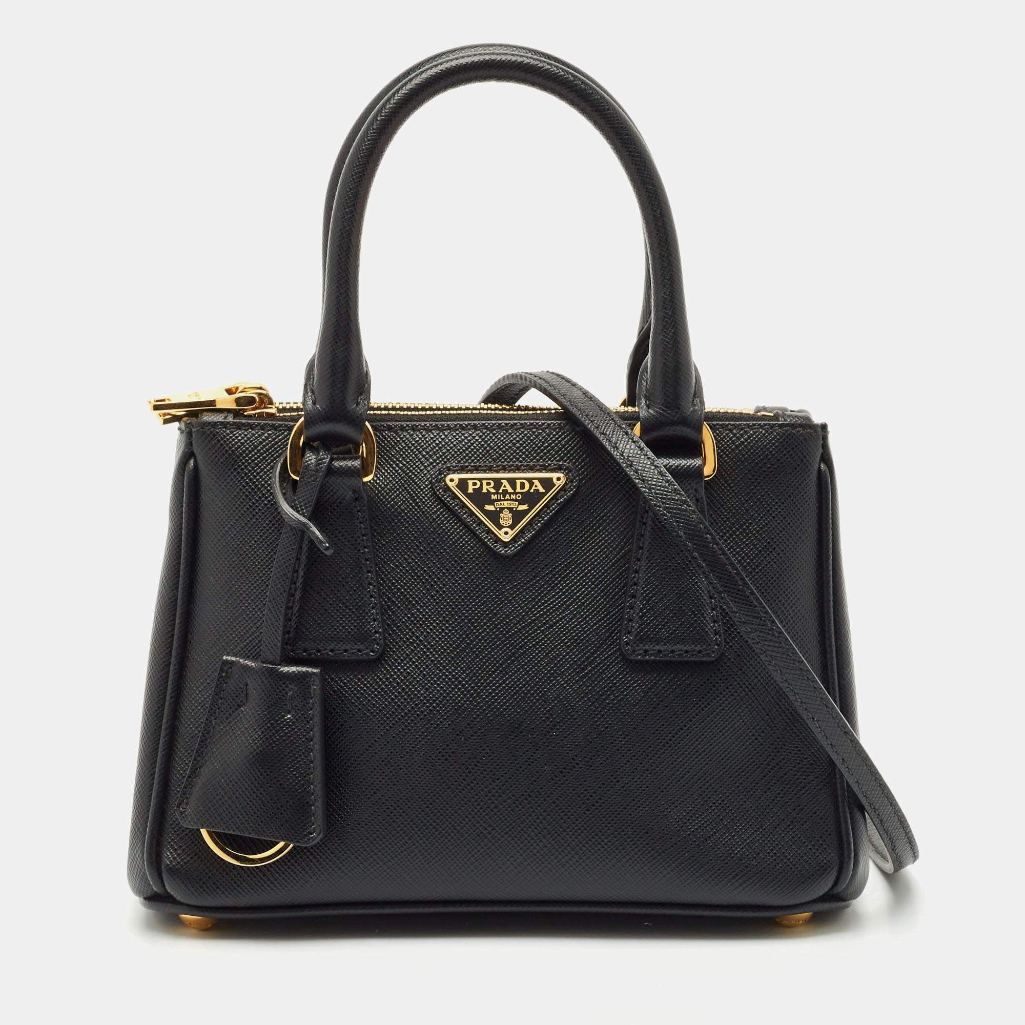 Prada Black Saffiano Lux Leather Mini Double Zip Tote