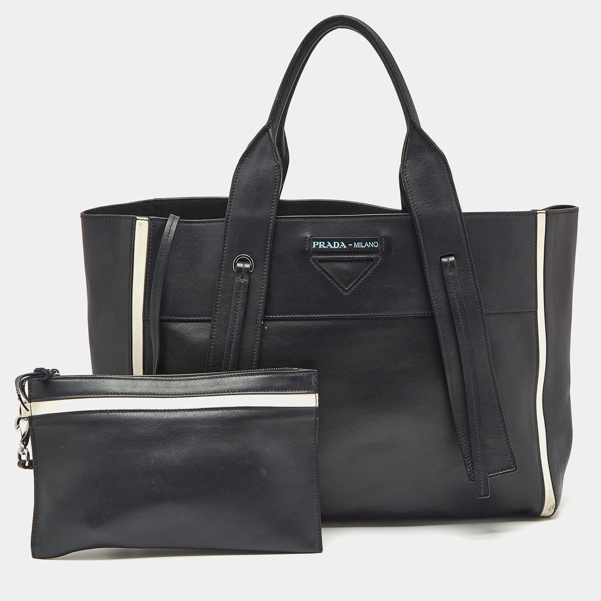 Prada Black/White Grace Lux Leather Large Ouverture Tote