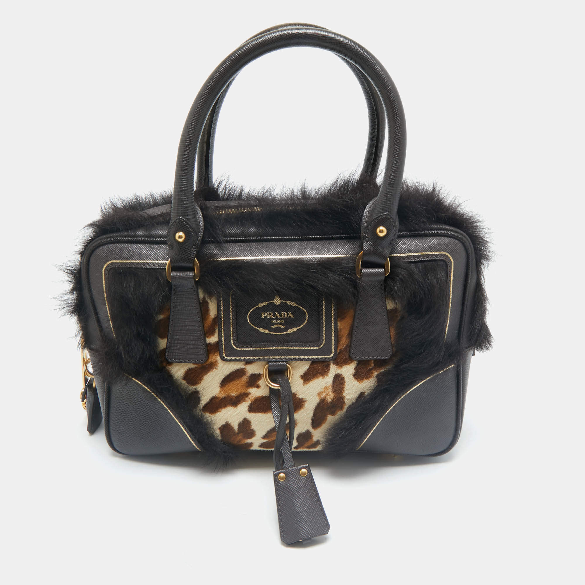 Prada Dark Brown/Beige Leopard Print Calfhair, Leather and Fur Bowler Bag