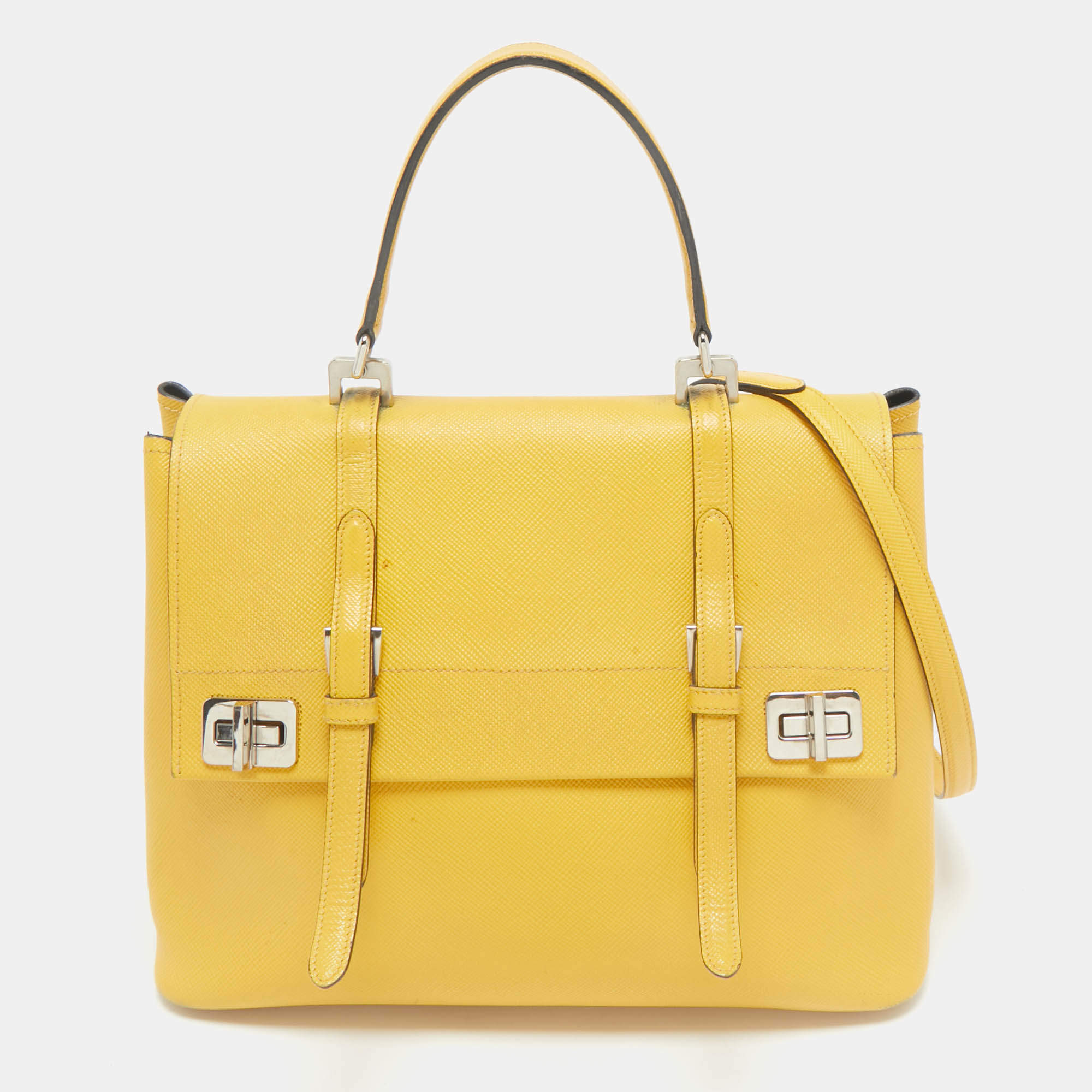Prada Yellow Saffiano Cuir Leather Double Turn Lock Top Handle Bag