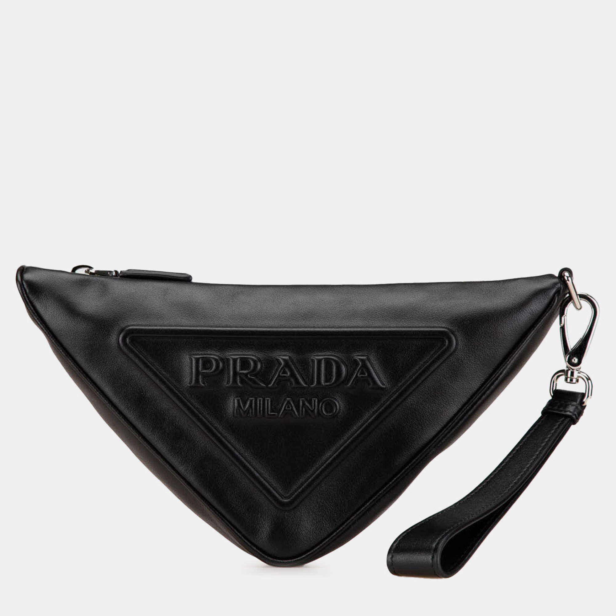 Prada Black Grace Lux Triangle Logo Embossed Triangle Wristlet Pouch