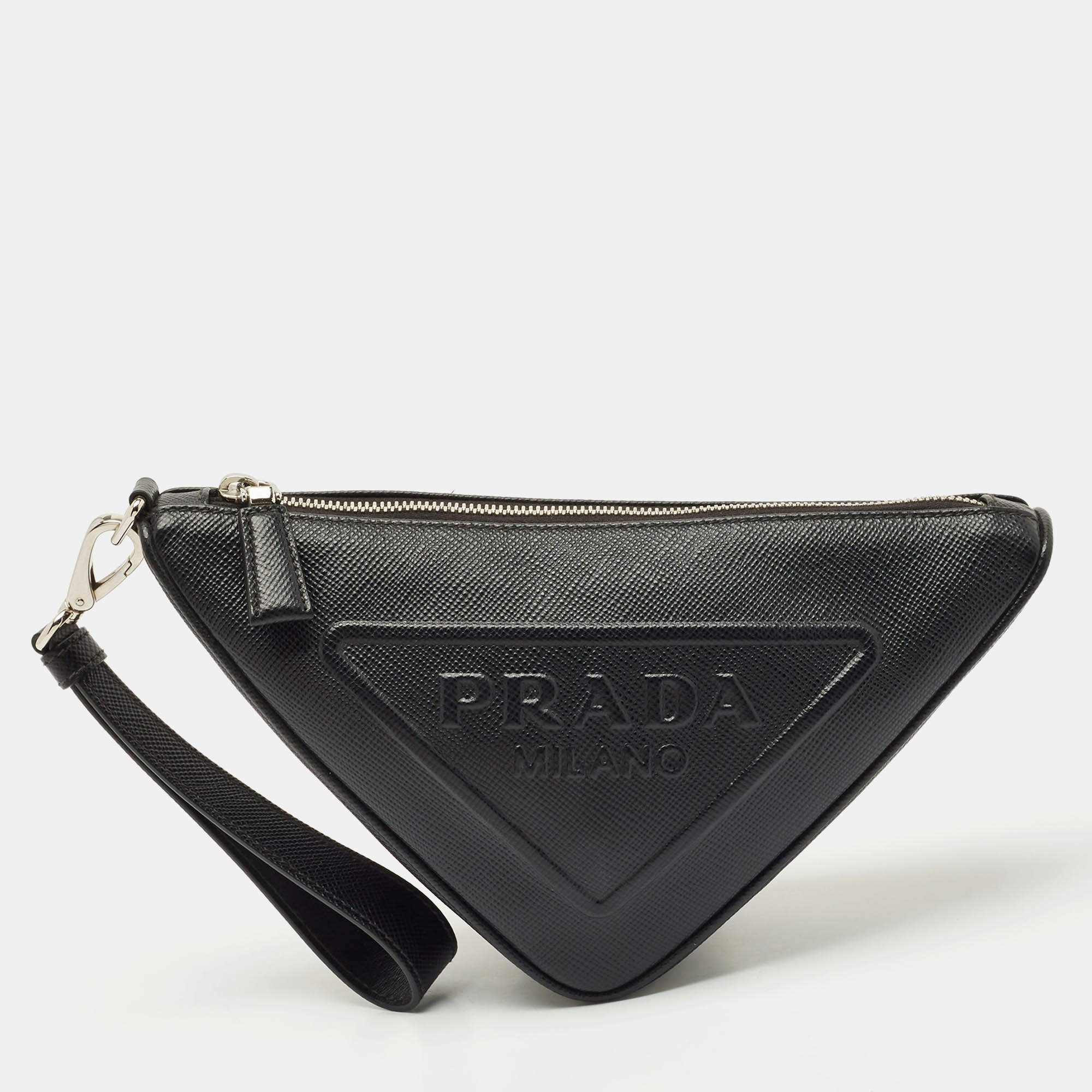 Prada Black Saffiano Cuir Leather Triangle Wristlet Clutch