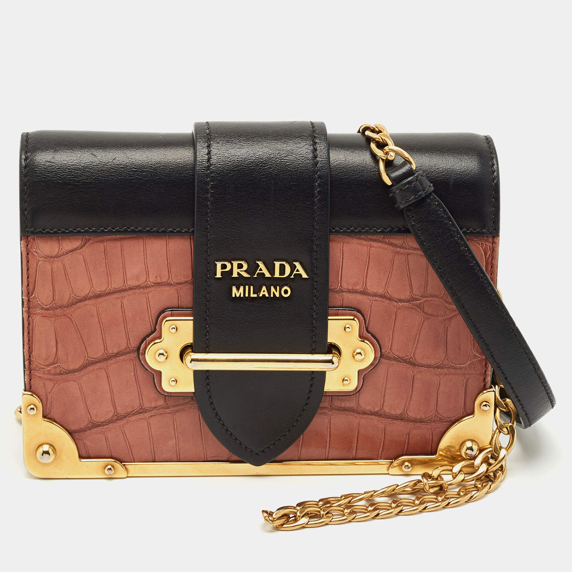 Prada Black/Beige Crocodile and Leather Cahier Flap Shoulder Bag