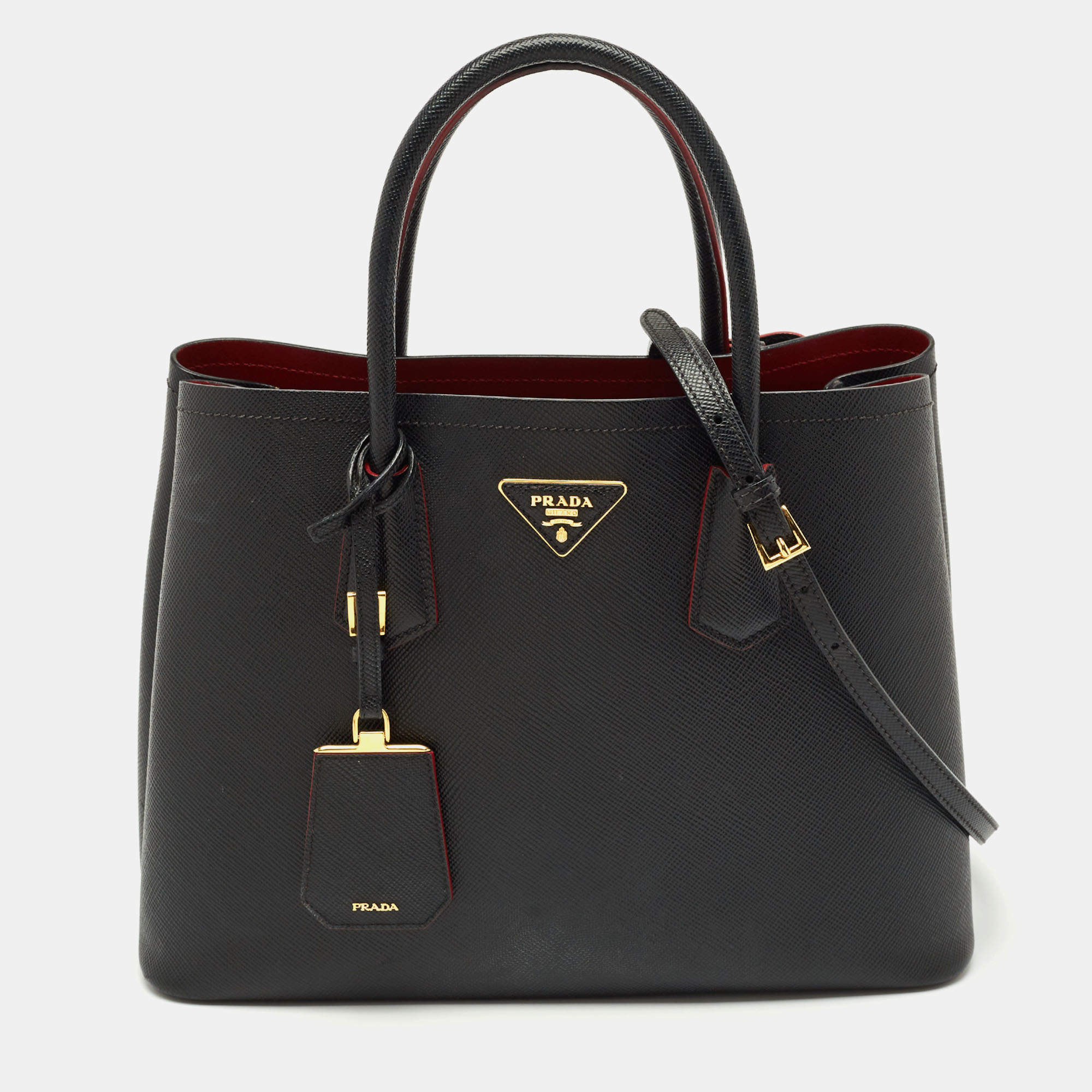 Prada Black Saffiano Cuir Leather Medium Double Handle Tote