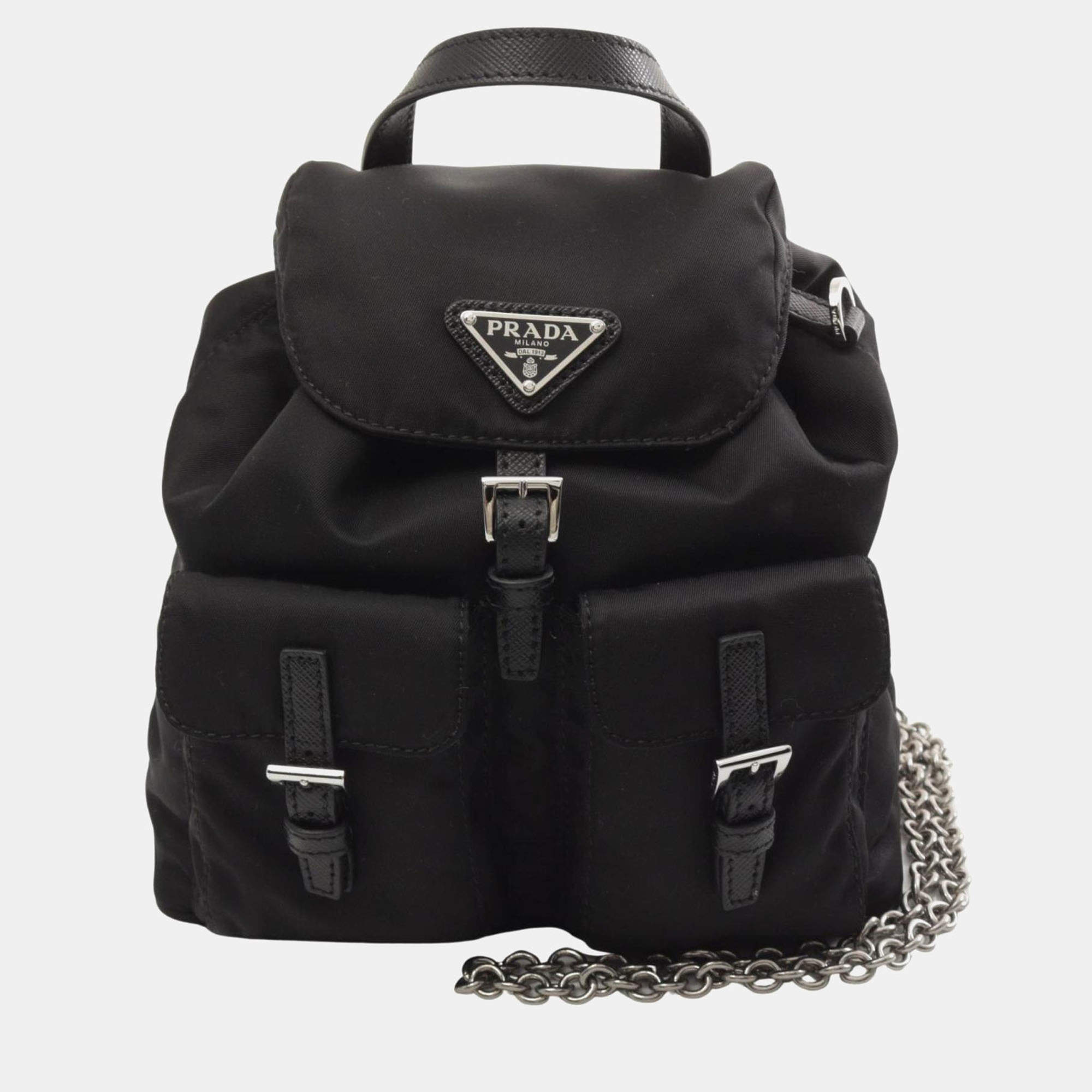 Prada Re-Nylon Shoulder Bag Nylon Saffiano Leather  Black