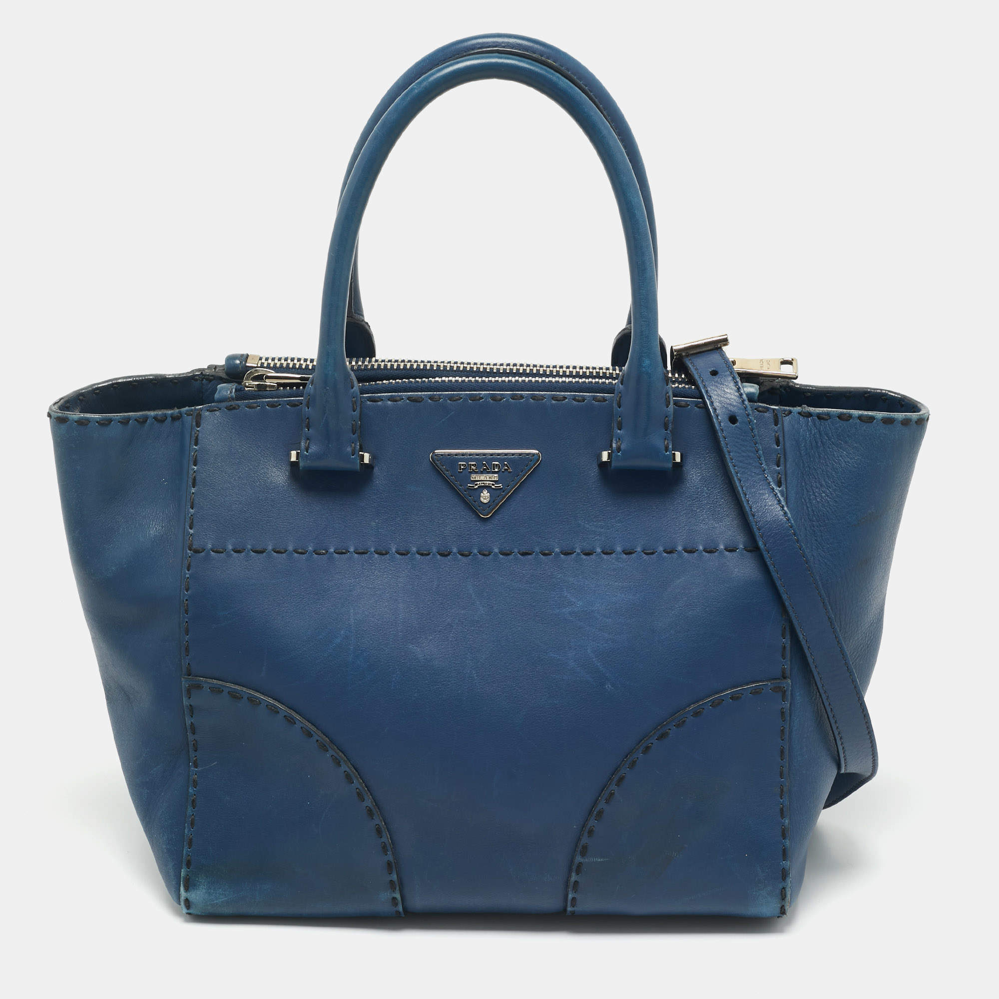 Prada Blue City Calf Leather Twin Pocket Tote
