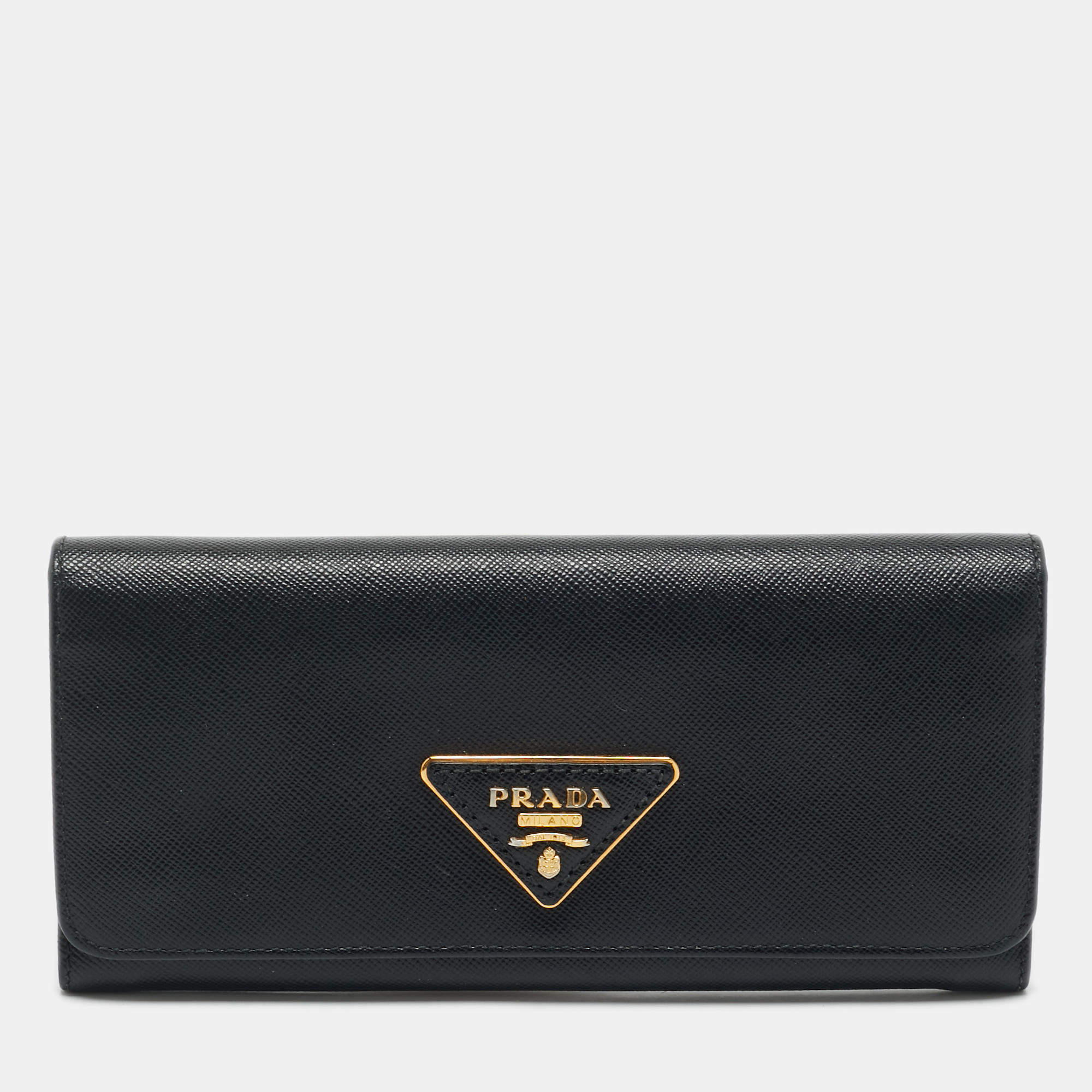 Prada Black Saffiano Metal Leather Triangle Logo Flap Continental Wallet