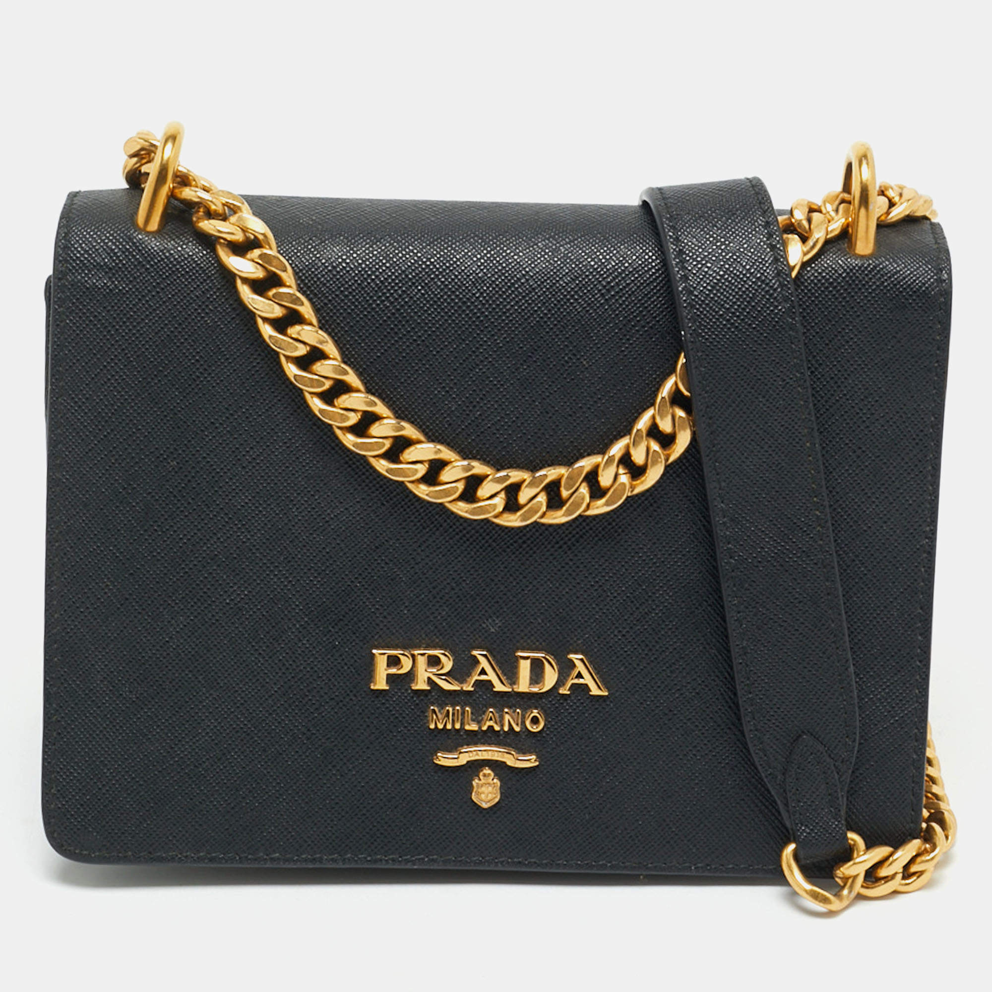 Prada Black Saffiano Leather Flap Chain Shoulder Bag
