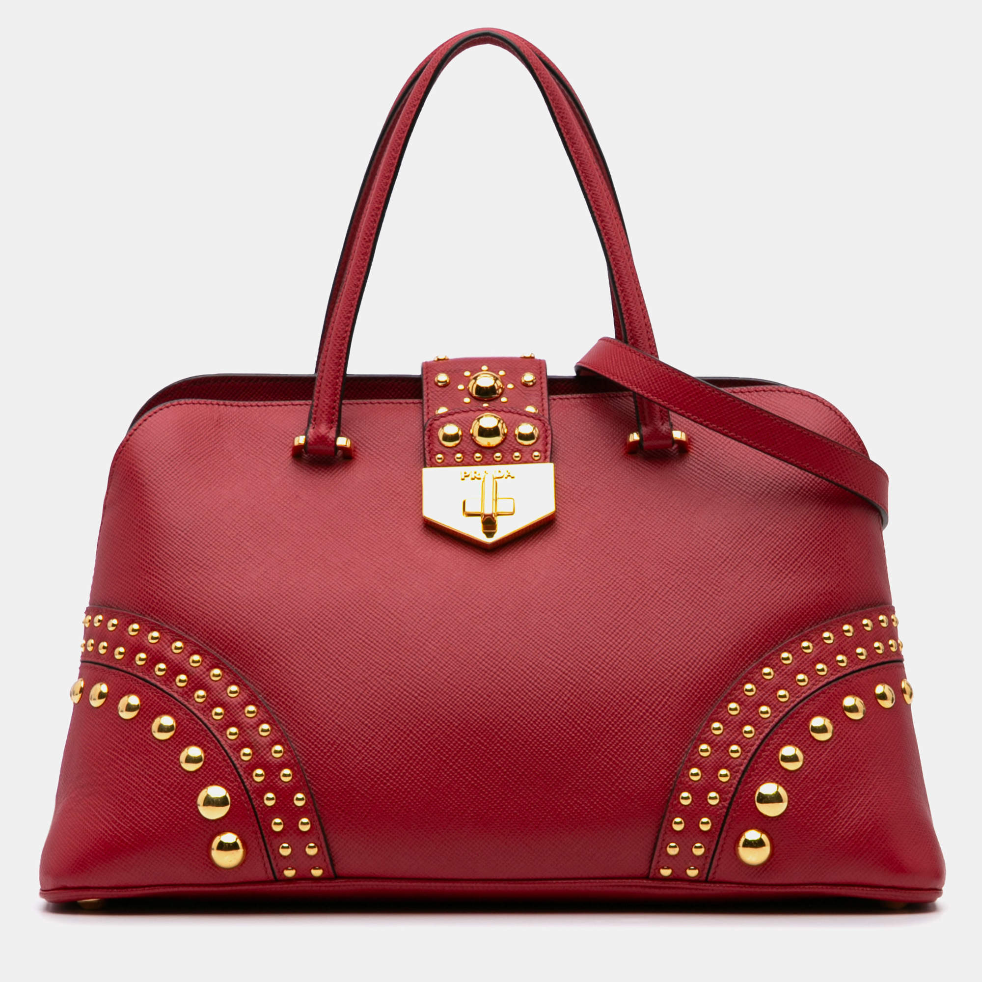 Prada Red Studded Saffiano Cuir Promenade Satchel