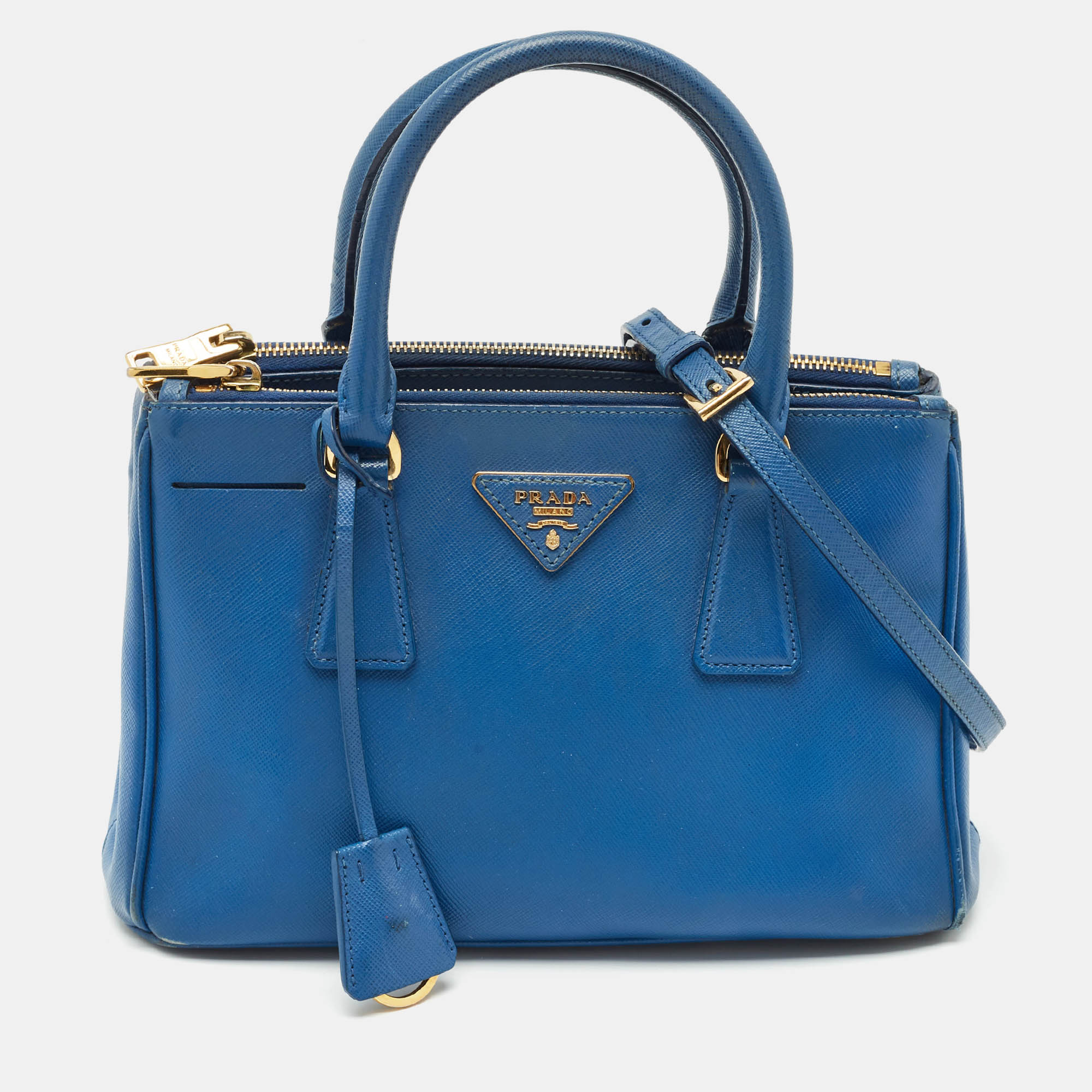 Prada Blue Saffiano Leather Small Galleria Double Zip Tote