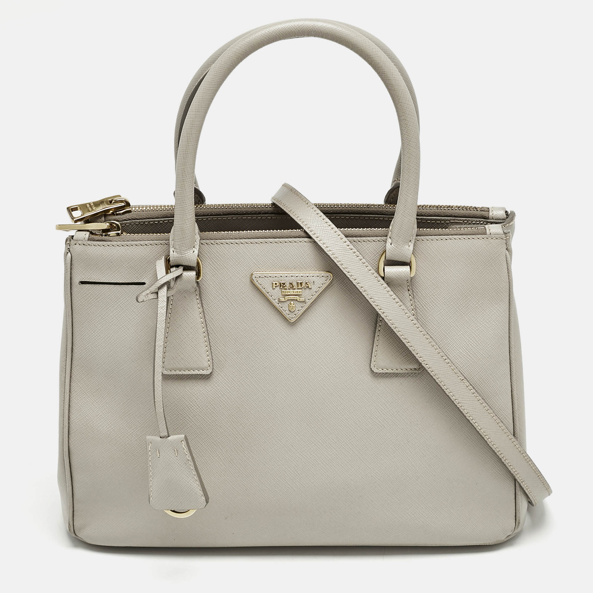 Prada Light Grey Saffiano Leather Small Galleria Double Zip Tote