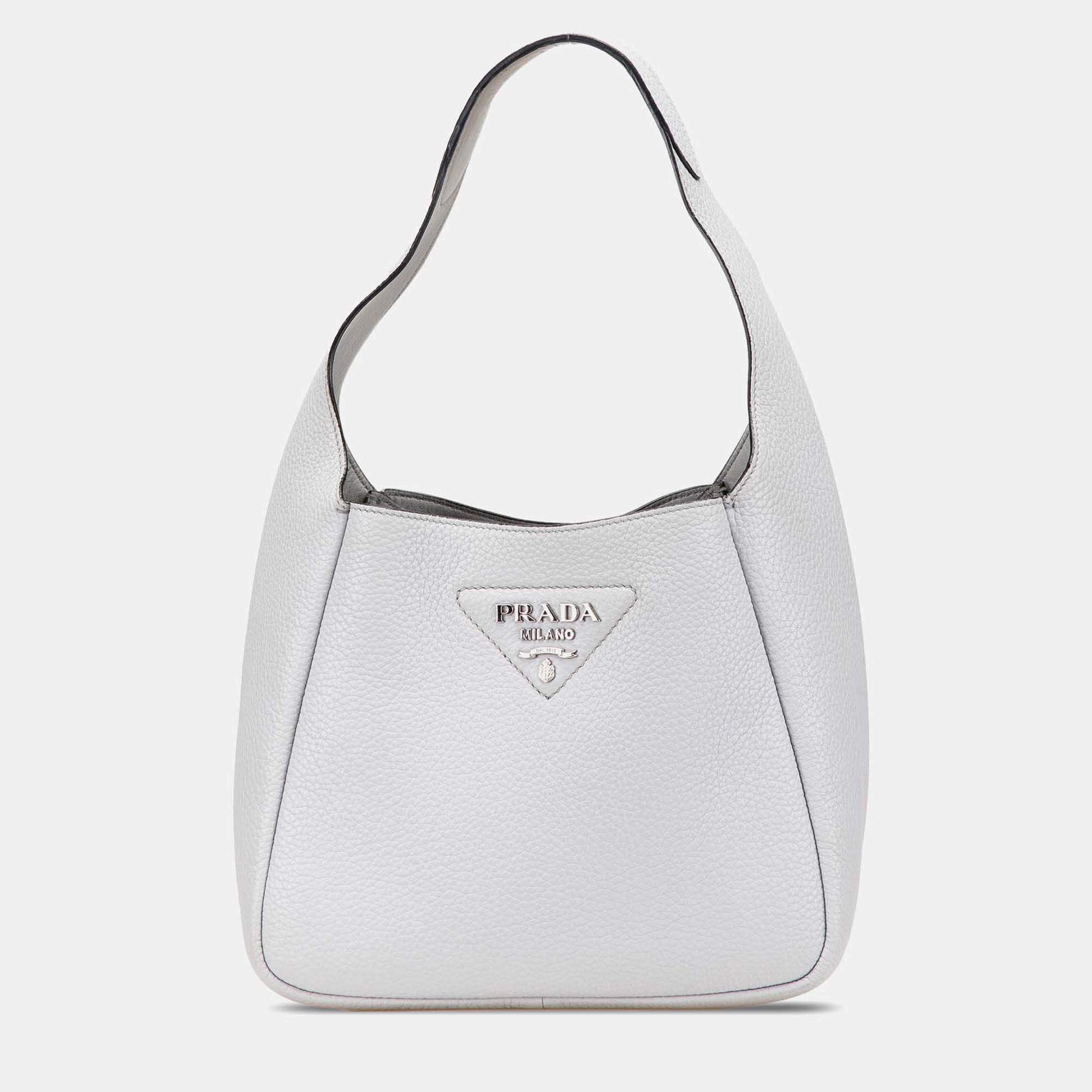 Prada White Vitello Daino Dynamique Hobo
