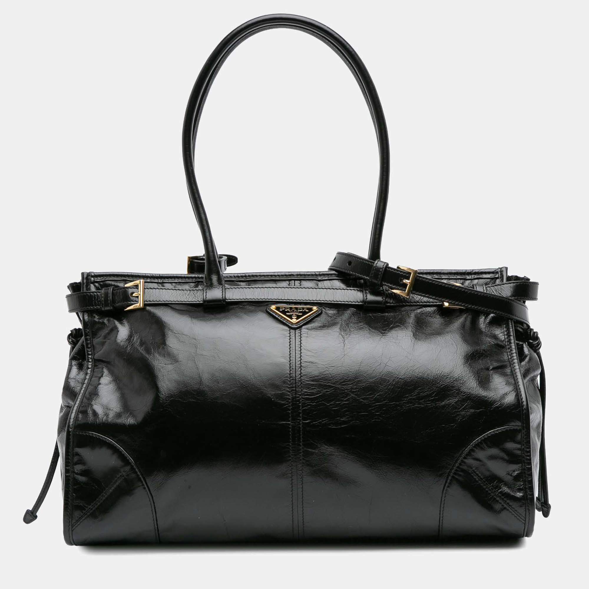 Prada Black Large Shiny Calfskin Bonnie Satchel