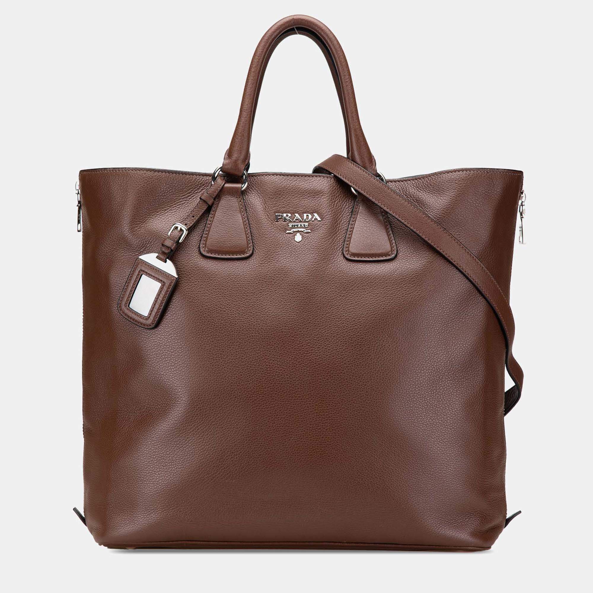 Prada Brown Vitello Daino Open Convertible Tote