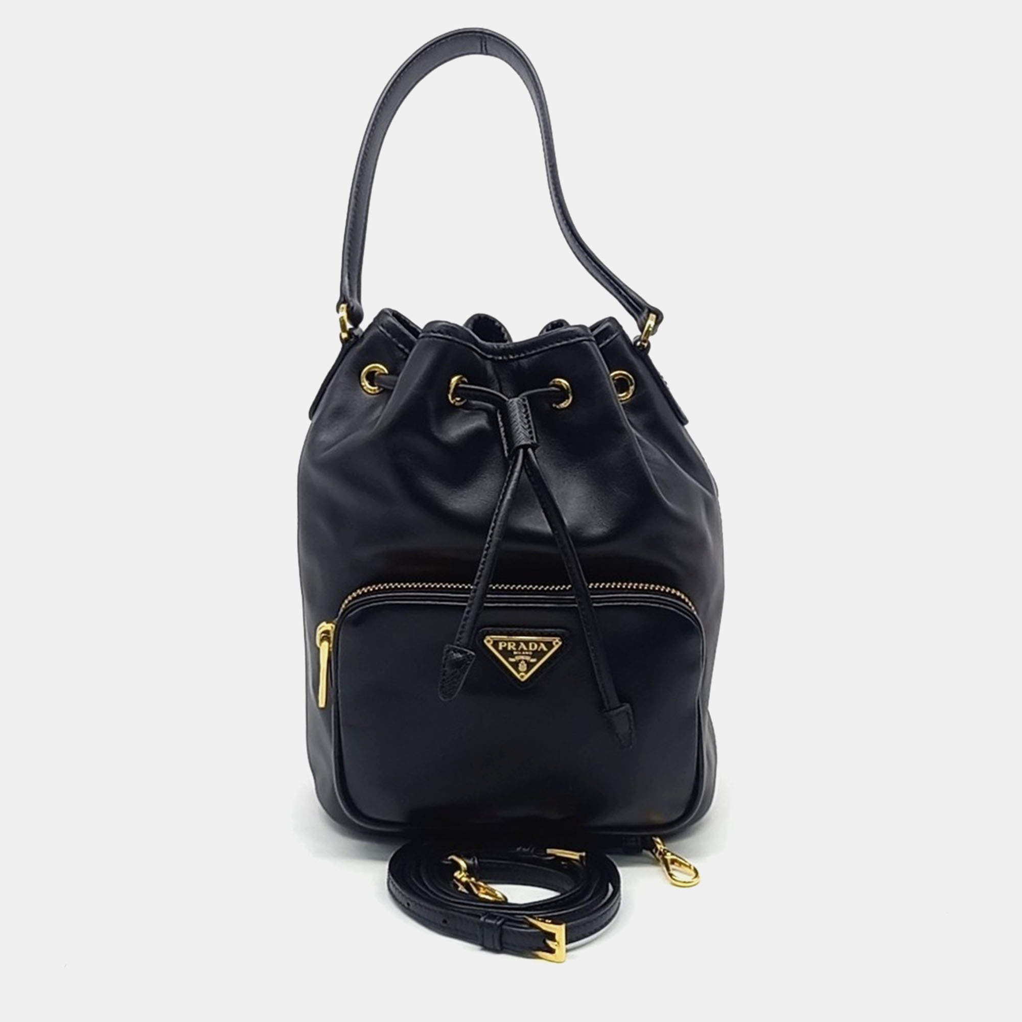 Prada Black Leather Soft Calf Bucket Tote and Crossbody Bag