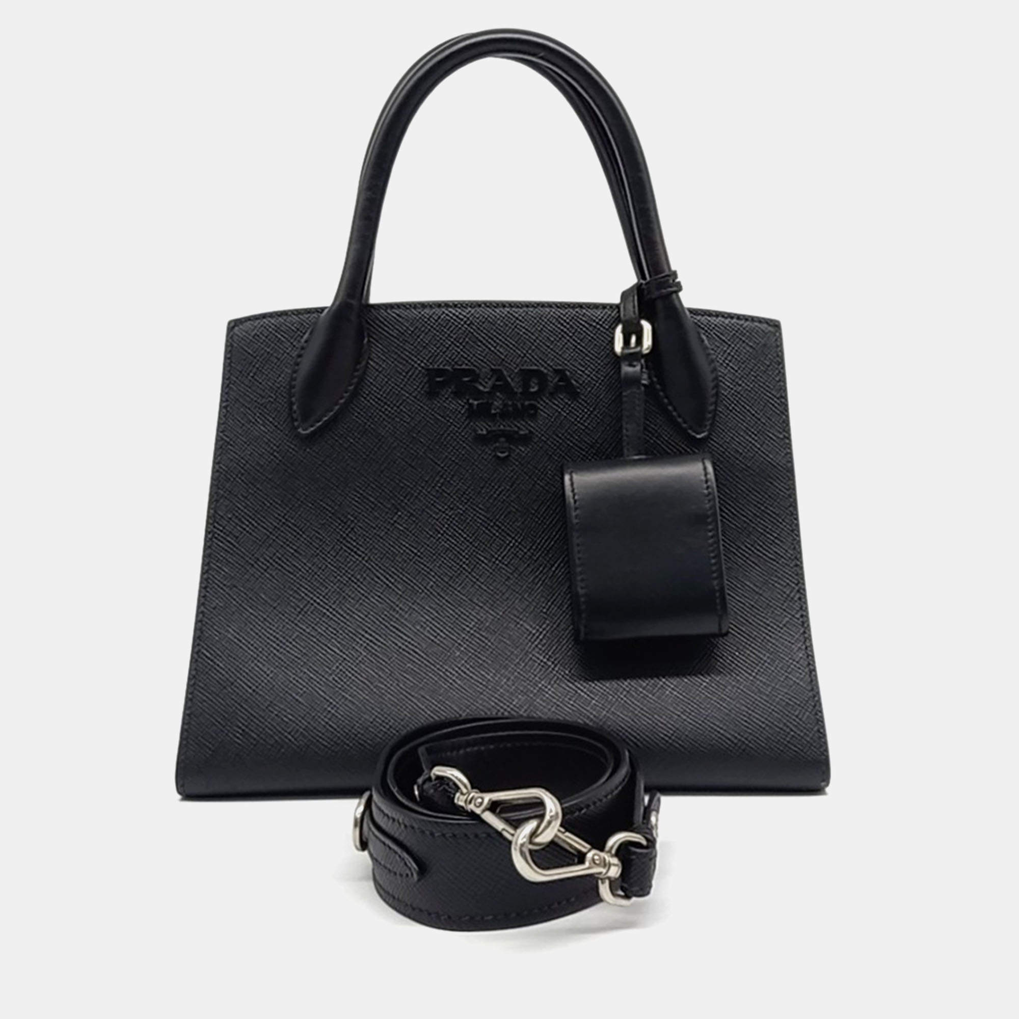 Prada Black Leather Saffiano Monochrome Tote and Shoulder Bag