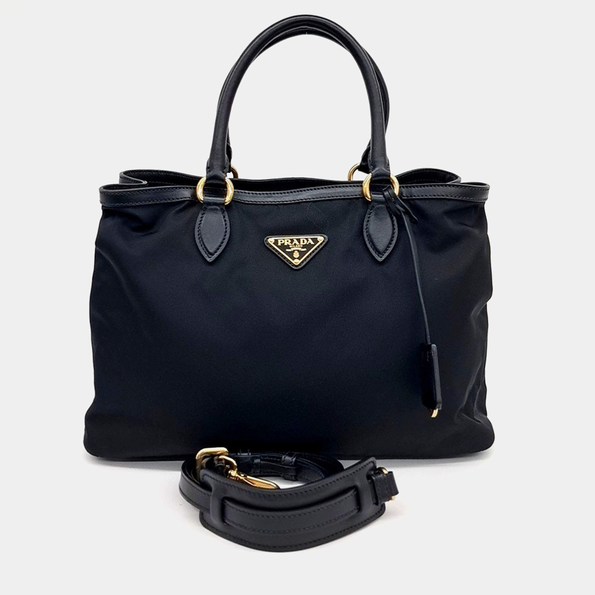 Prada Black Nylon Fabric Tote and Shoulder Bag