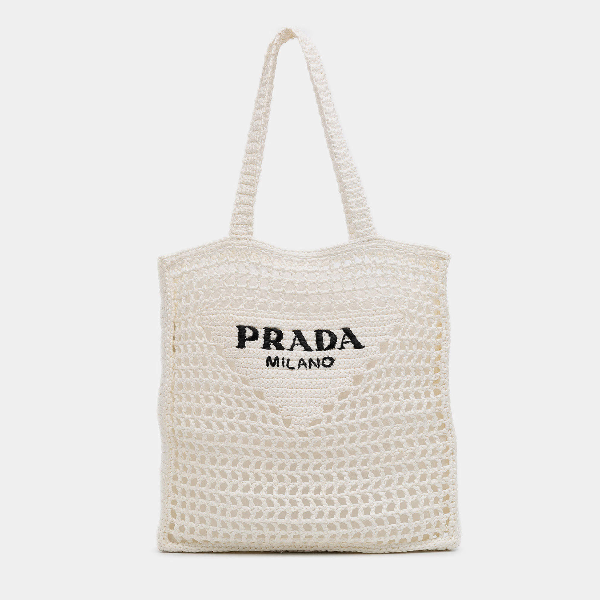 Prada White Raffia Effect Crochet Logo Embroidered Tote
