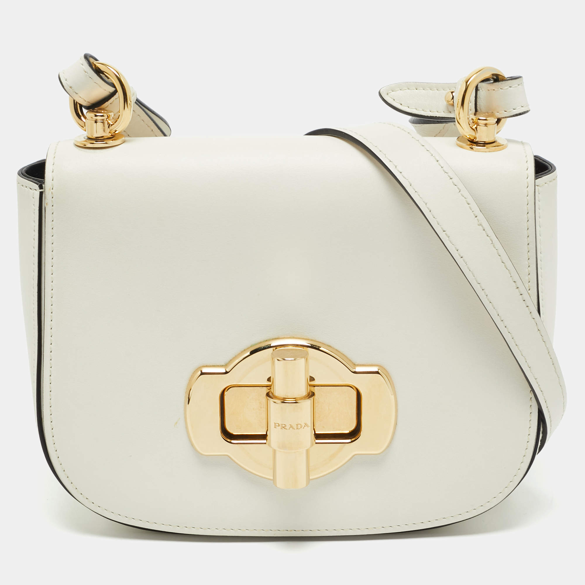 Pre Owned Prada White Leather Turnlock Saddle Crossbody Bag