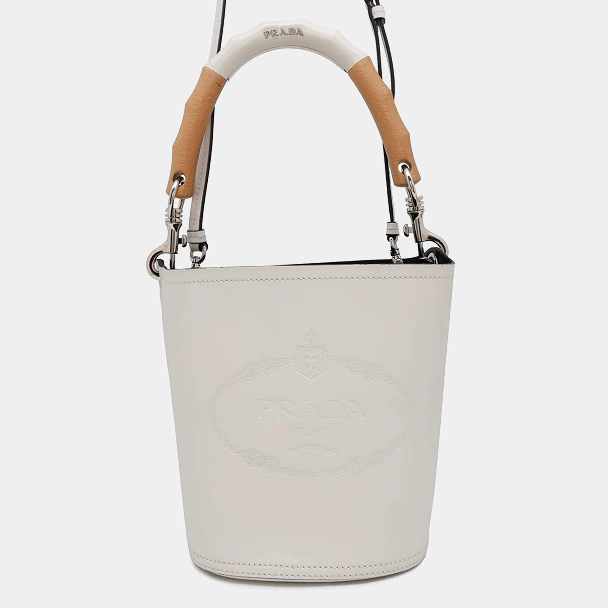 Prada Tambour White Leather and Wood 2Way Bucket Handbag