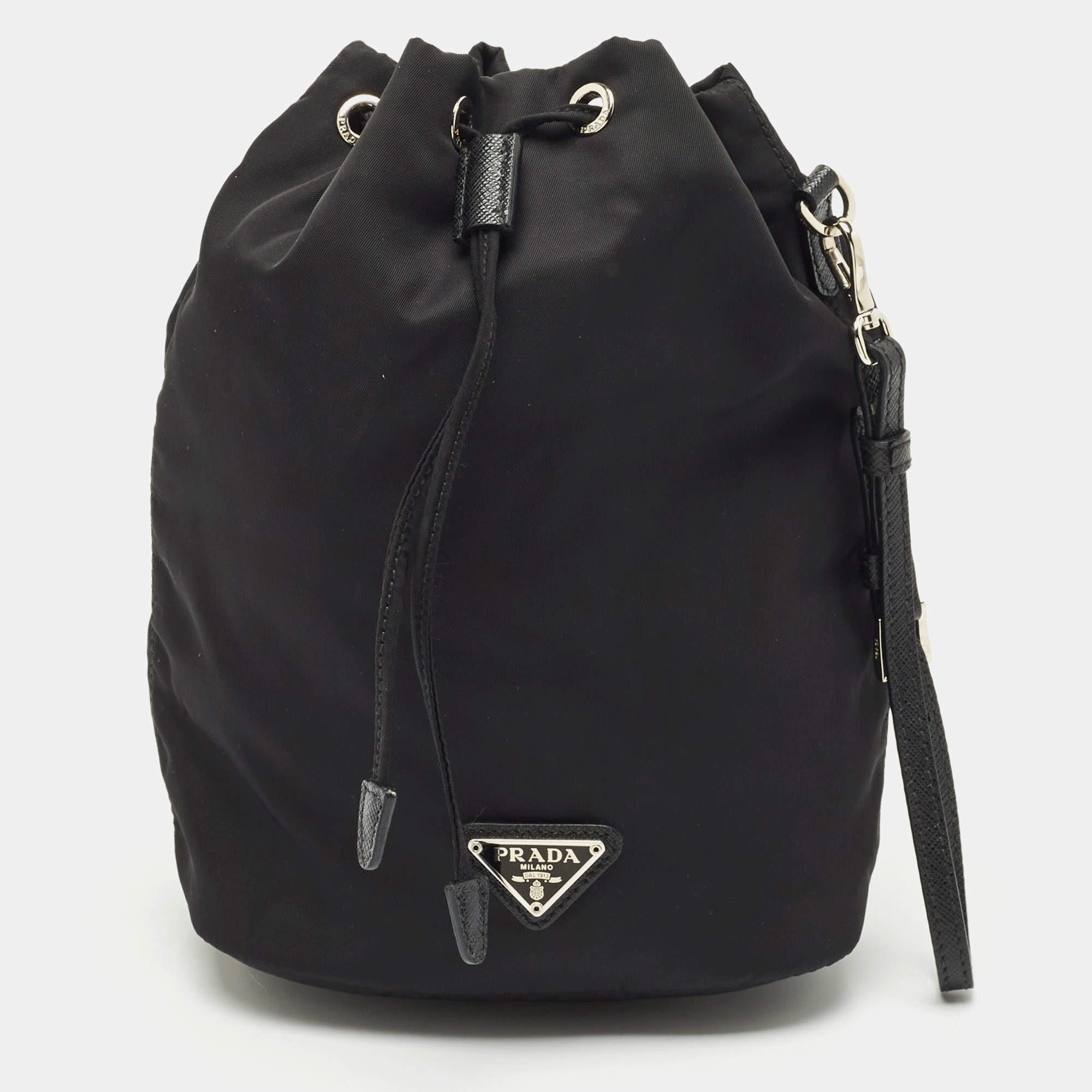 Prada Black Leather and Nylon Drawstring Wristlet Pouch