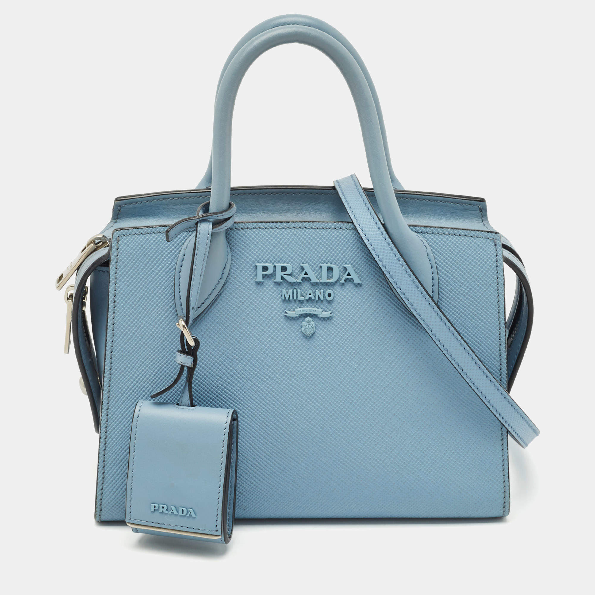 Pre Owned Prada Light Blue Saffiano Leather Small Monochrome Tote